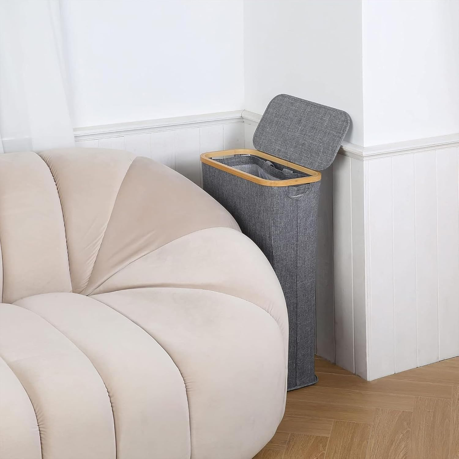 100L Laundry Basket with Lid，Removable Laundry Bag with Bamboo Handle for Large Foldable Laundry Hamper for Bedroom, Bathroom, Dorm, Laundry Room (Grey)