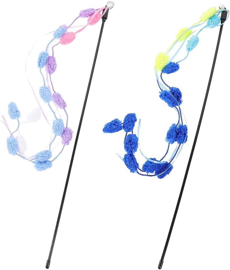 FRAINBOWZ 2Pcs Kitten Toys, Interactive Cat Teaser Rods with Colorful Ribbons, Plush Balls & Bells, Ideal for Indoor Play, Perfect for Kittens