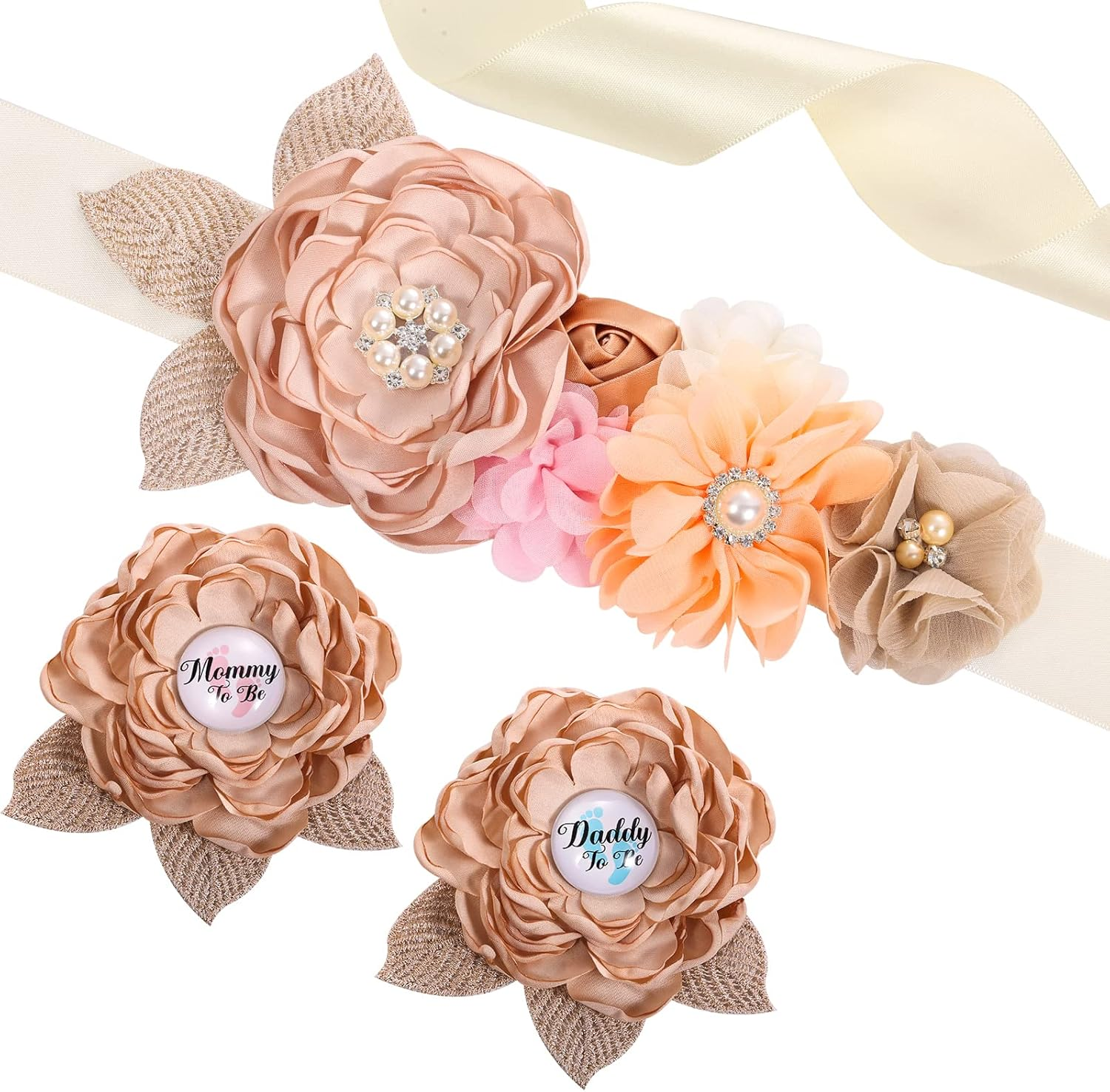 Mommy to Be Sash, Floral Boho Mom to Be Sash for Baby Shower with Mom to Be Corsage Pin Set Light Brown Mom to Be Sash and Pin Pregnancy Sash Boho Baby Shower Decorations for Girl and Boy image number 1