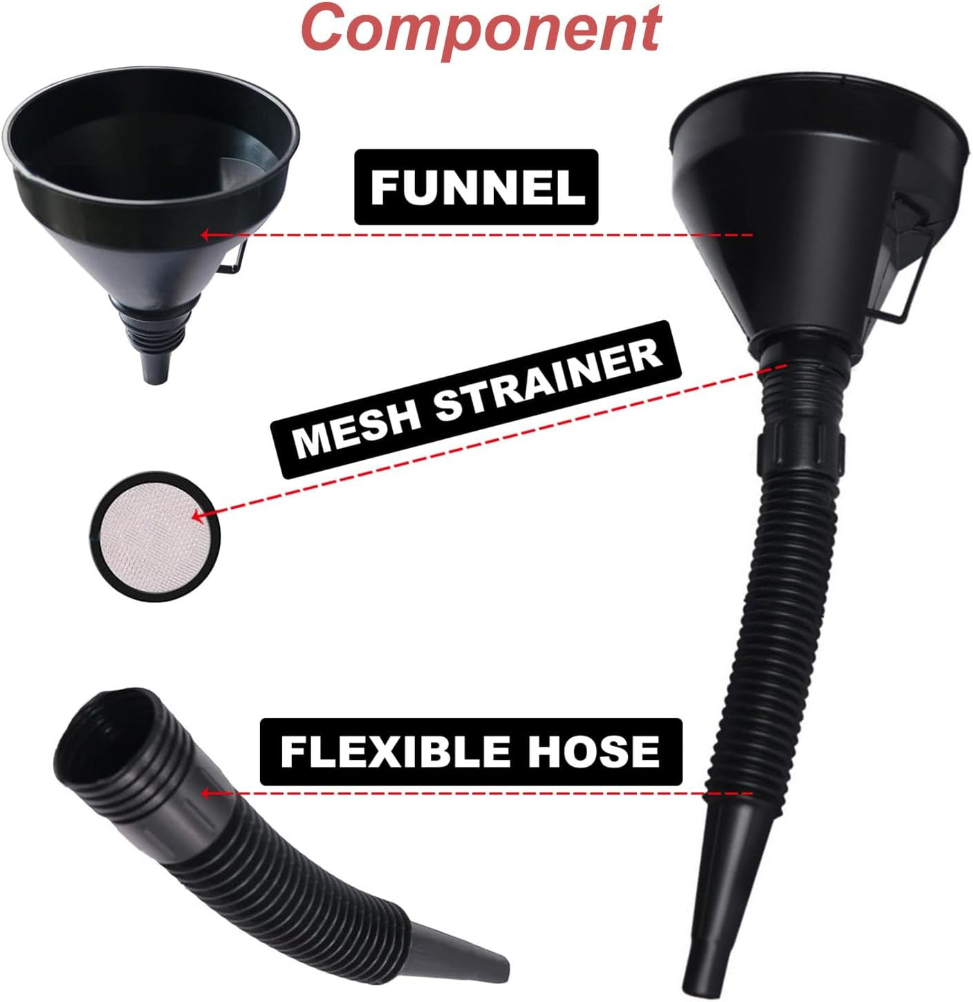 5 Pcs Plastic Fuel Funnels for Automotive Use, Wide Mouth Flexible Oil Funnel with Hose for Gas Transfer