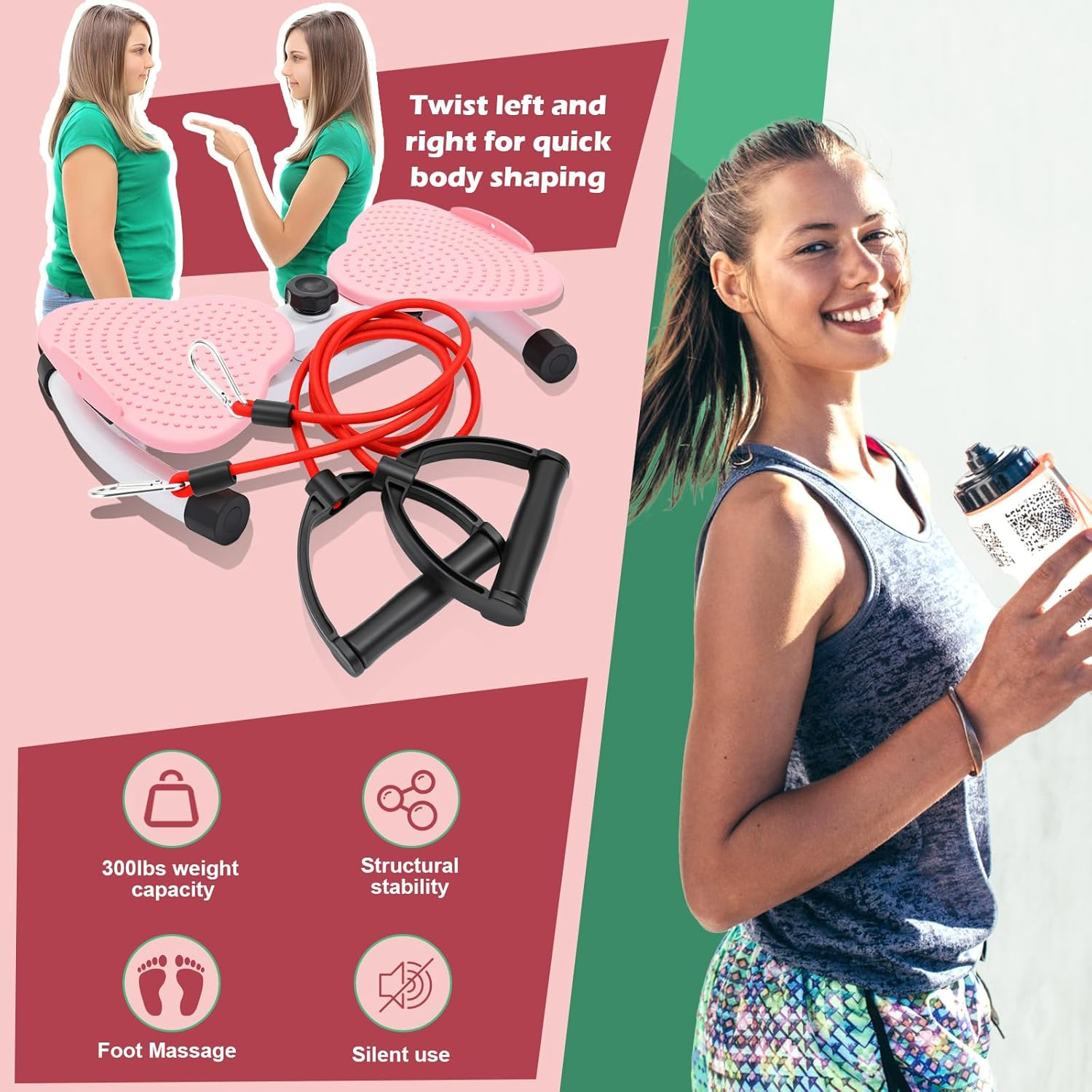 Waist Twister Machine, Adjustable Exercise Twist Board for Women Men, Noiseless Ab Twister for Home Gym Equipment, 330 Lbs Capacity with Timer, Reps, Calories with Digital Display (Pink)