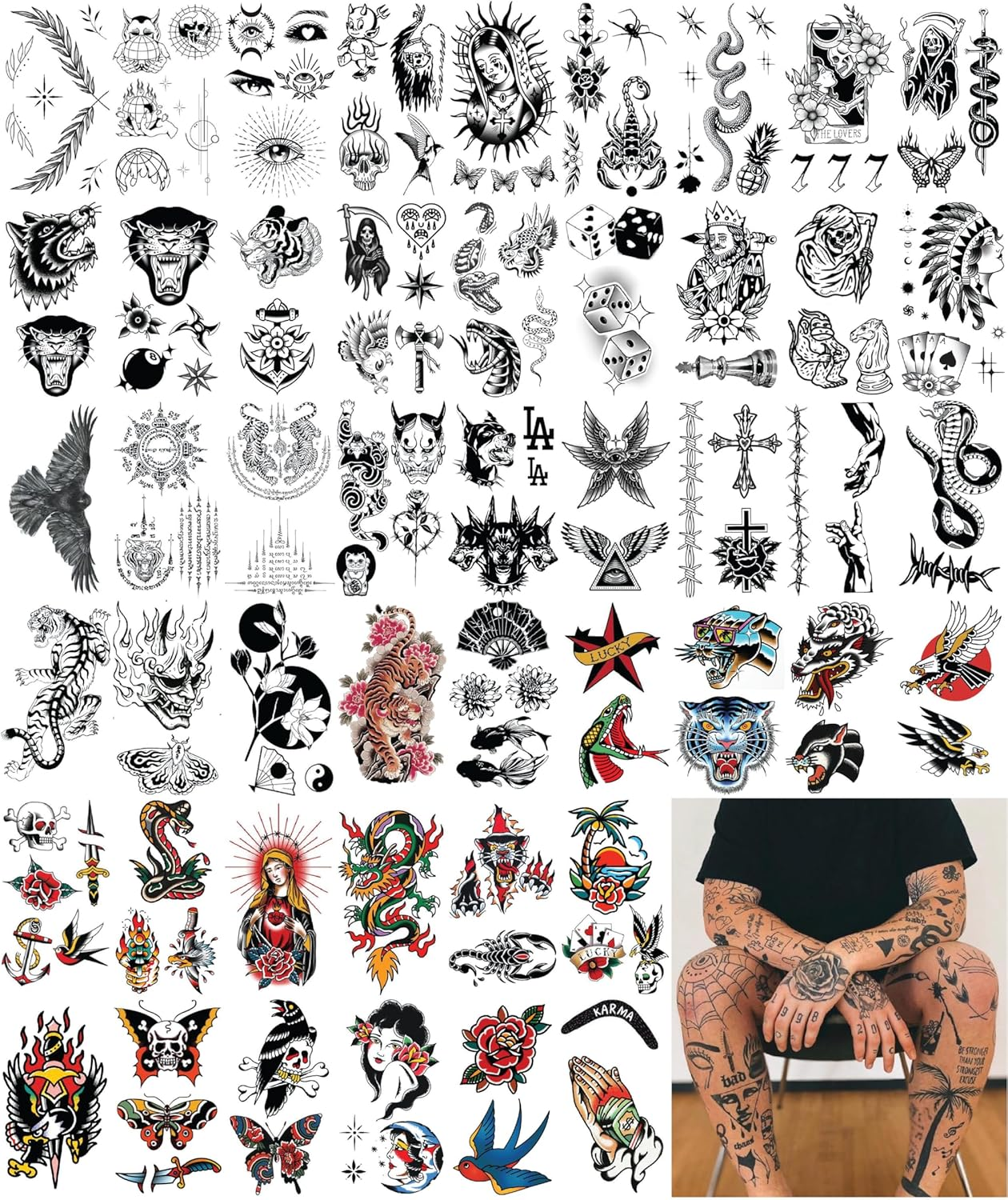 Impressed 48 Sheets Unisex Vintage American Traditional Temporary Tattoos - Small Semi Permanent Blackwork Minimalist Fake Flash Tattoo for Women and Men - Tiny Adult Hand, Sleeve Tat for Teens - Traditional image number 2
