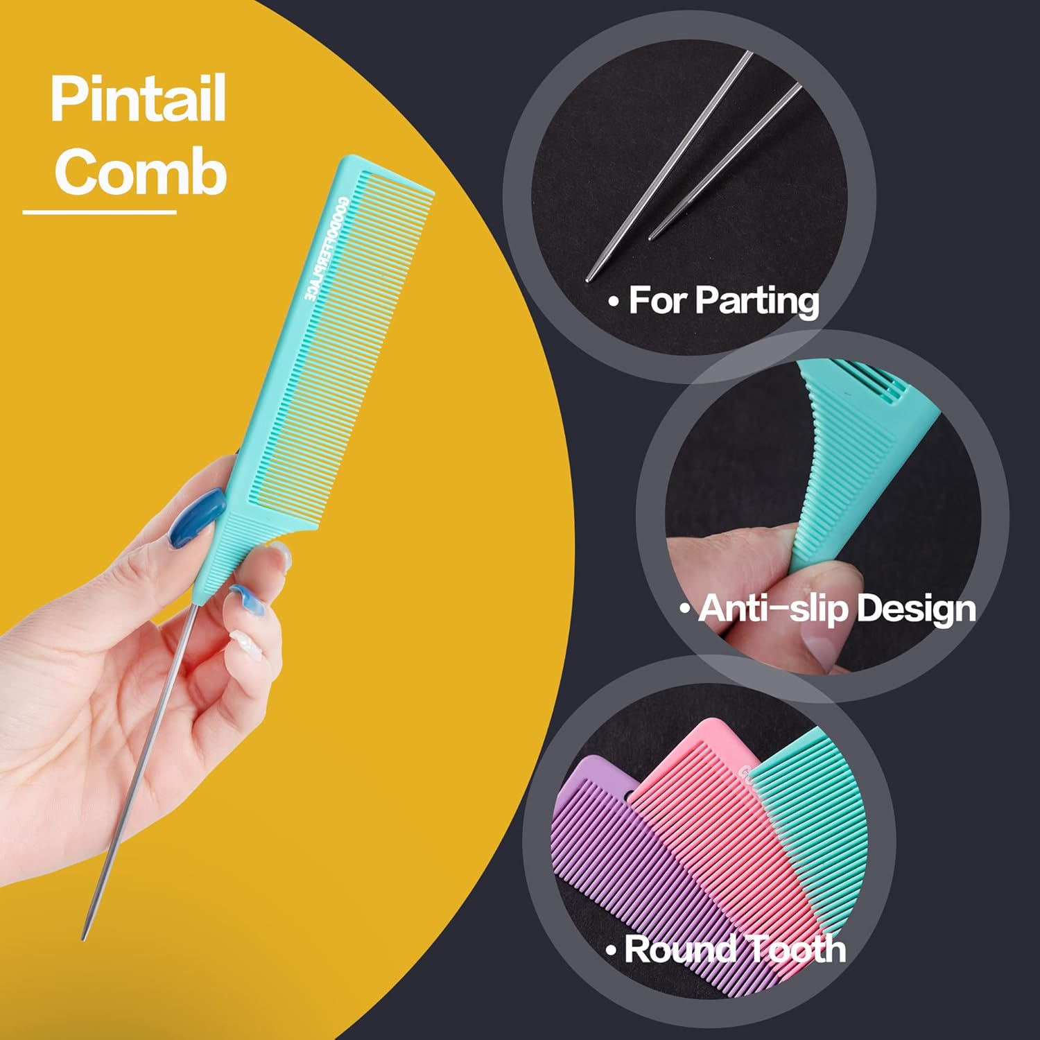 Goodofferplace 3 PCS Rat Tail Combs: Parting, Rattail, Teasing Combs with Metal Pick for Curly Hair, Detangling, Braiding, Styling (Pink, Purple, Green) image number 6