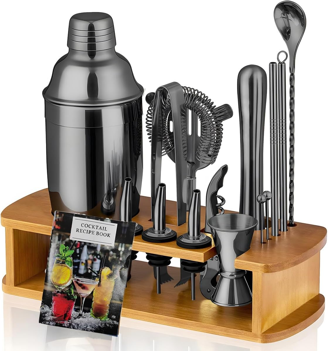 Cocktail Shaker Set Bartender Kit with Stand | Bar Set Drink Mixer Set with All Essential Bar Accessory Tools: Martini Shaker, Jigger, Strainer, Mixer Spoon, Muddler, Liquor Pourers (Black)