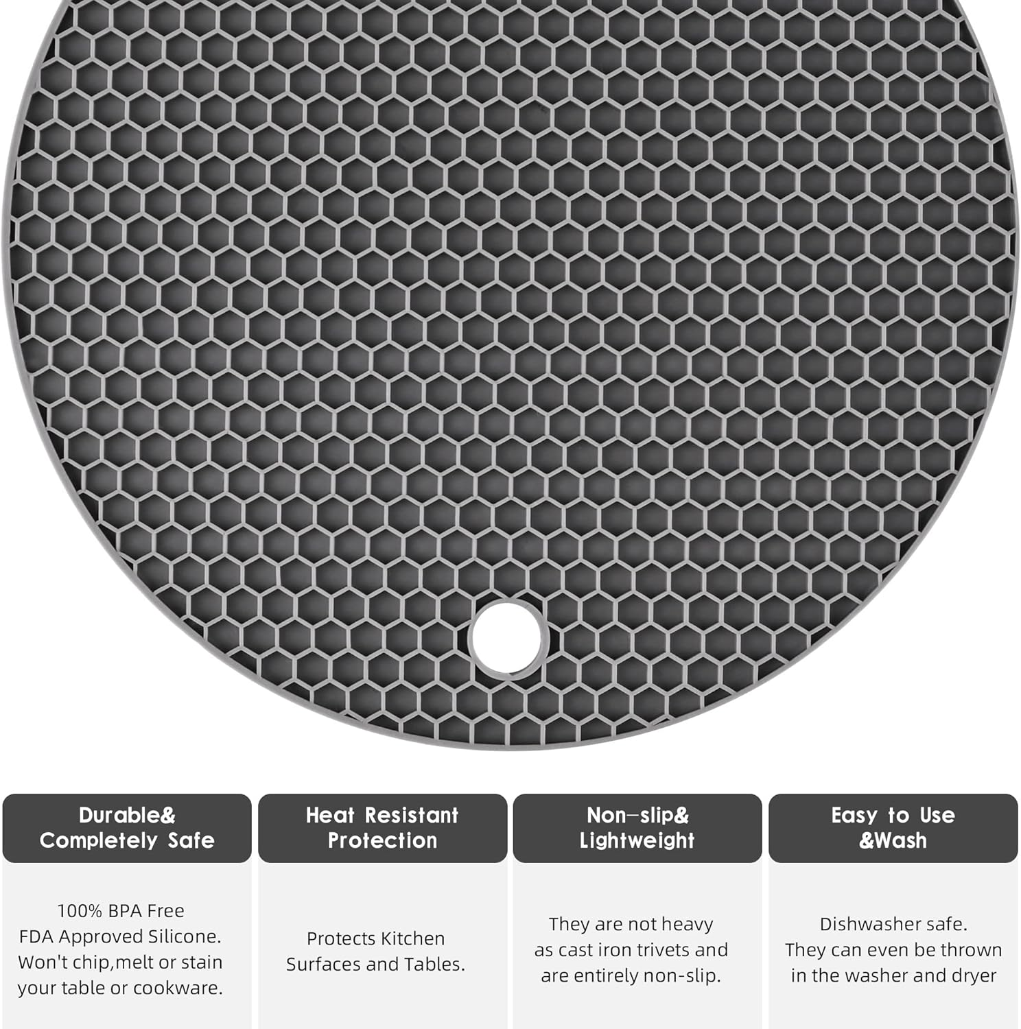 Black Silicone Trivets for Pots and Pans, Silicone Hot Pads Mats, Heat Resistant Trivet Mat Pot Holder, Counter Top Protector and Teapot Coaster Set of 4 (2 Round+2 Square Mats) image number 4