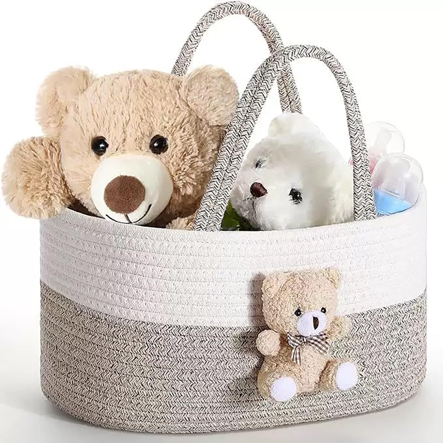 Baby Nappy Caddy Diaper Caddy Organizer, Baby Shower Basket, with Removable Inserts Nursery Bohemian Cotton Rope Storage Basket, Baby Storage Basket for Changing Table and Wipes (Pink Rabbit)