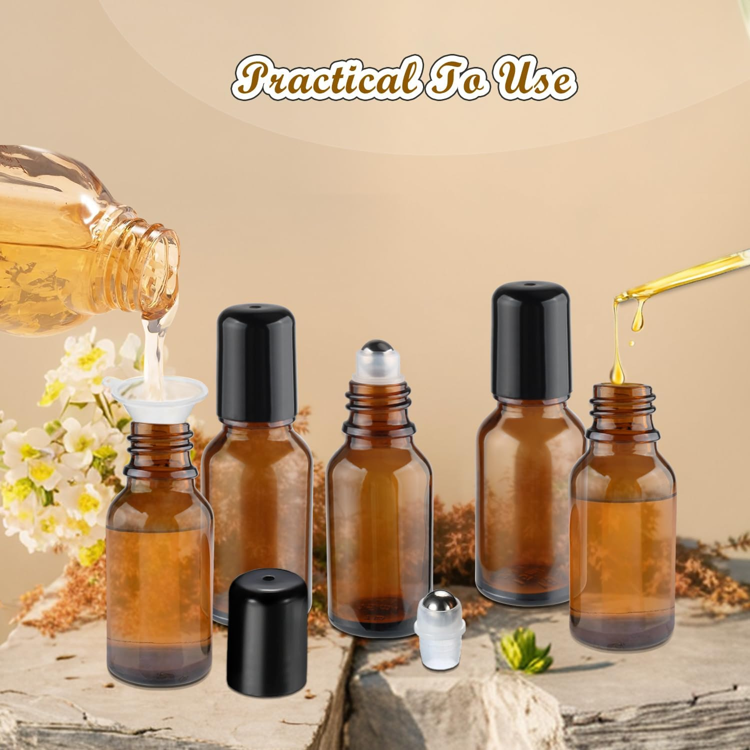 Mirrline 12 Pcs Essential Oil Roller Bottles Amber Glass Roller Bottles Refillable Cosmetic Vials Containers with Stainless Steel Roller Balls & Black Lid - 15Ml/0.5Oz image number 5