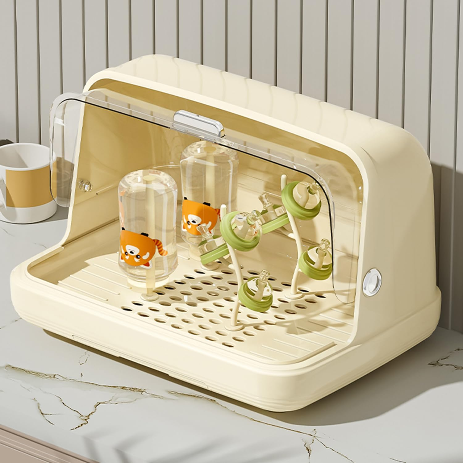 Baby Bottle Storage, Dustproof Baby Bottle Drying Rack, Bottle Dryer Holder with Cover Lid and Removable Drainboard, Bottle Rack Dryer for Kitchen Cabinet image number 5