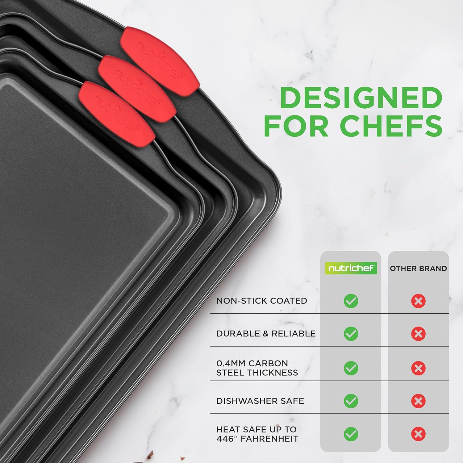 Nutrichef 3 Pc Baking Trays, Cookie Sheet, Nonstick Oven Tray Set, Carbon Steel Baking Sheets, Bakeware Set with Red Silicone Handles, Includes Small, Medium, and Large Sheet Pans image number 4