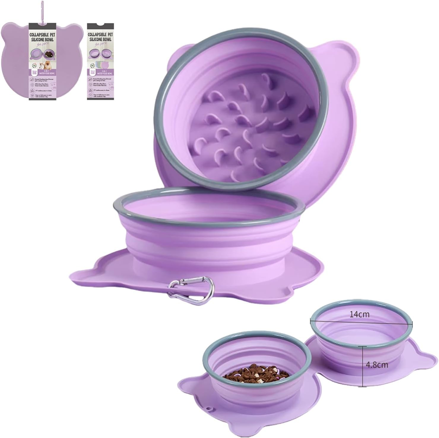 Catchu Silicone Foldable 2 in 1 Pet Bowl, Quality Collapsible Double Slow Feeder Dish, Integrated Molding Expandable Travel Food Water Bowl for Dogs Cats (Purple)