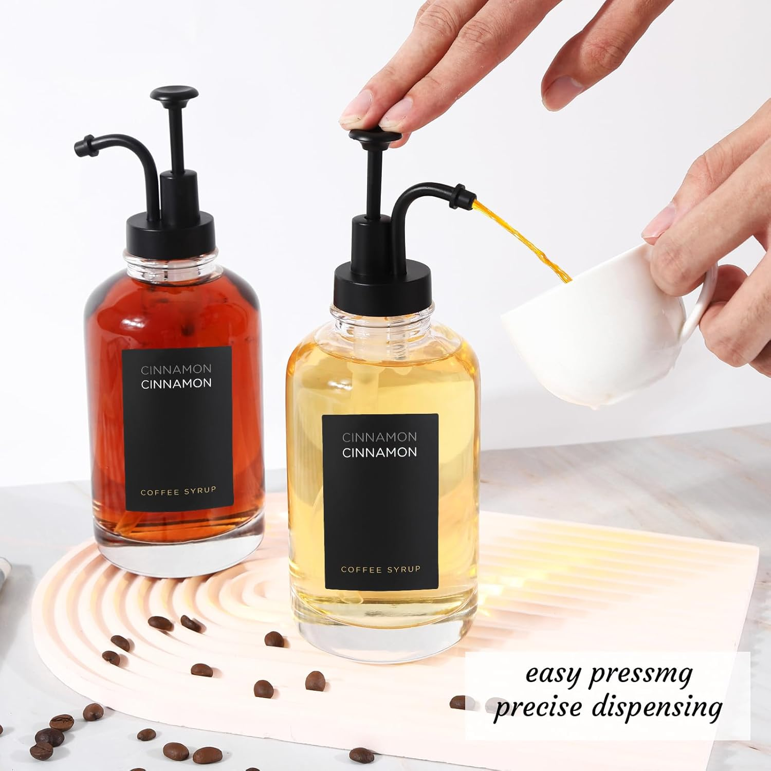 Joyfulmap 2 Coffee Syrup Dispenser with 18 Labels, Black Pump Dispenser with Bottles for Coffee Bar, Minimalist Glass Coffee Bottle, Simple Maple/Coffee Syrup Bottles W. Black Labels,16.9 Oz 500 Ml image number 4