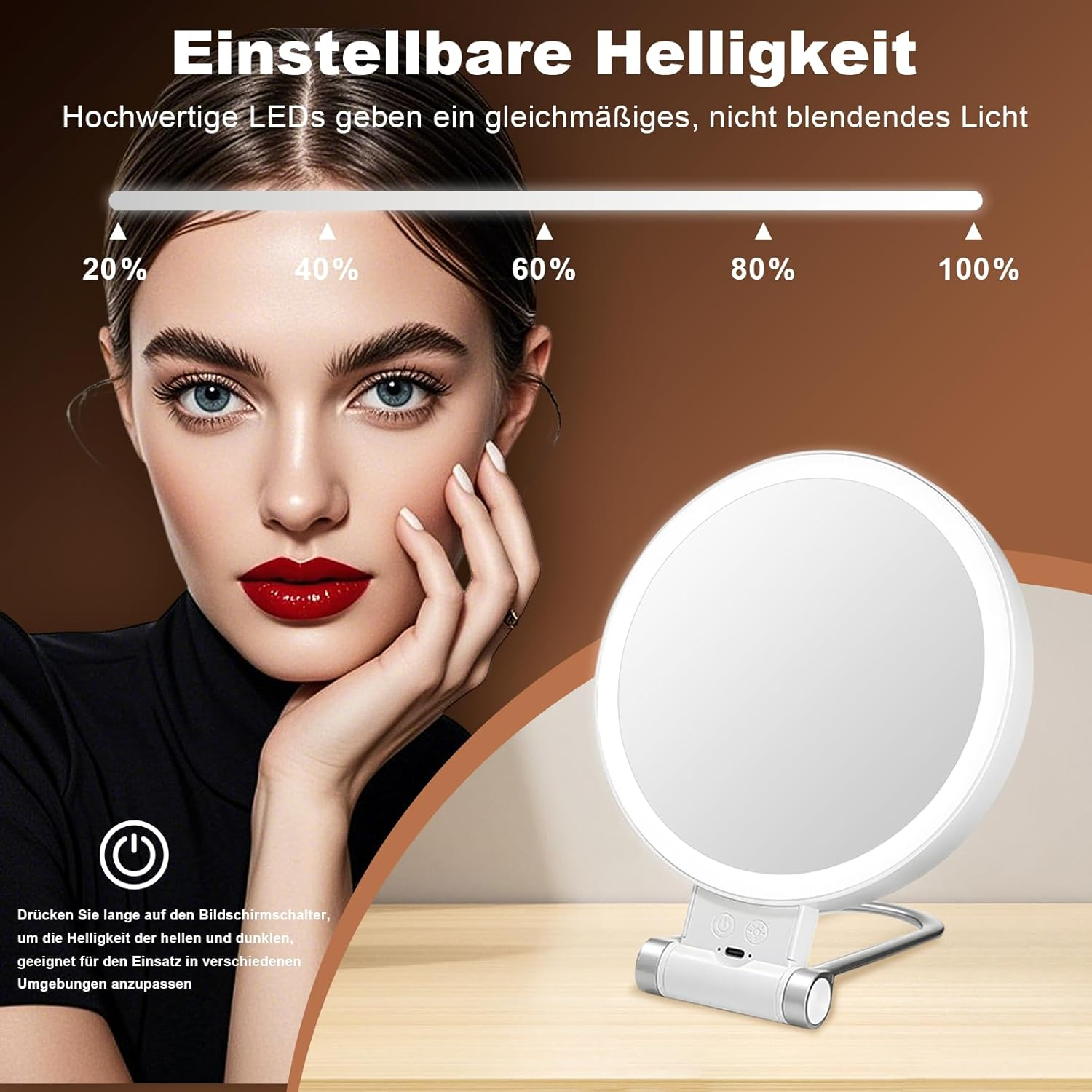 Moorstdel Cosmetic Mirror with Lighting, 1X/10X Magnifying Mirror with Light, Double Sided with 3 Colours, Magnifying Mirror, Dimmable LED, Foldable Cosmetic Mirror, White image number 5