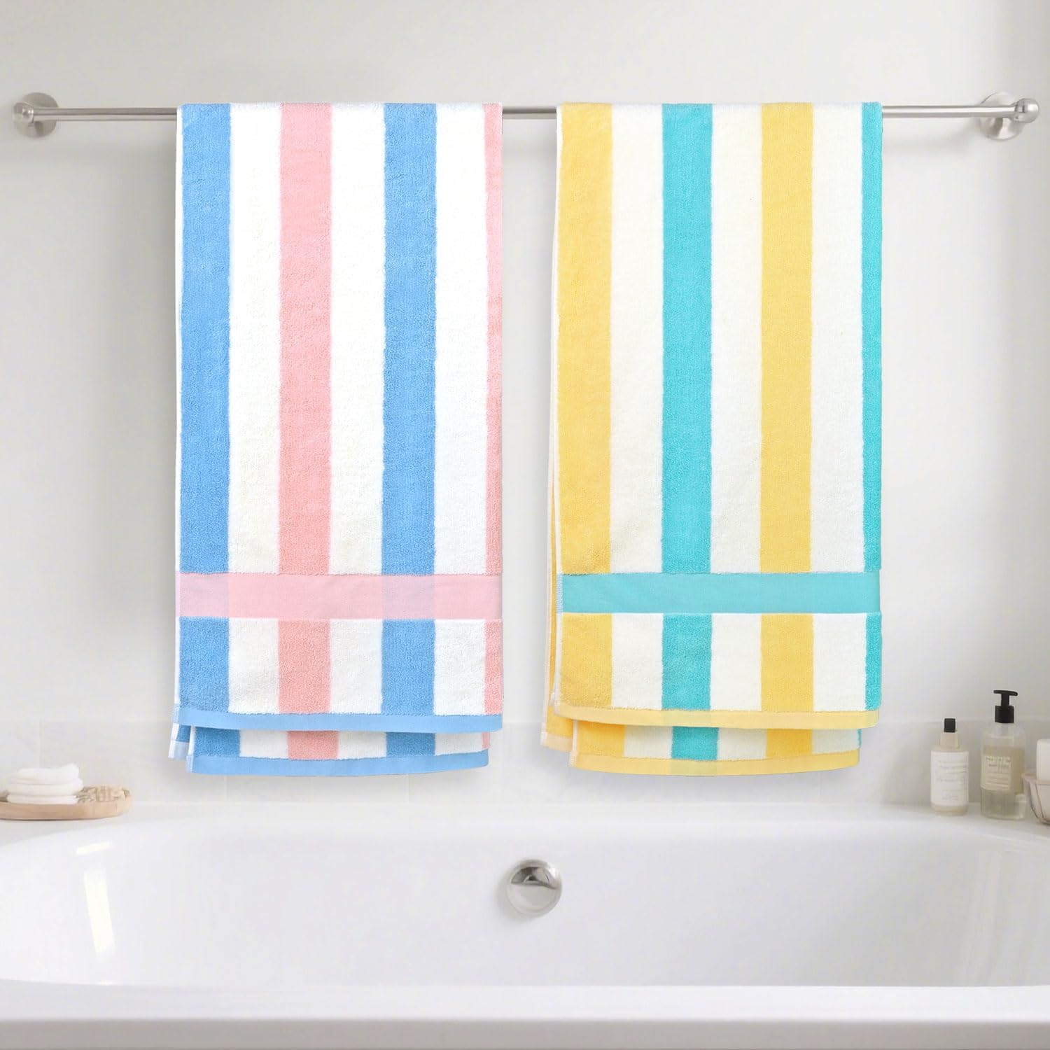 100% Cotton Bath Towels Set of 2, Highly Absorbent Towels for Bathroom, Hotel, Spa, Large Bathroom Towels Striped 55 X 27.5 Inches (Peach-Pink & Teal) - Green  Lilac image number 4