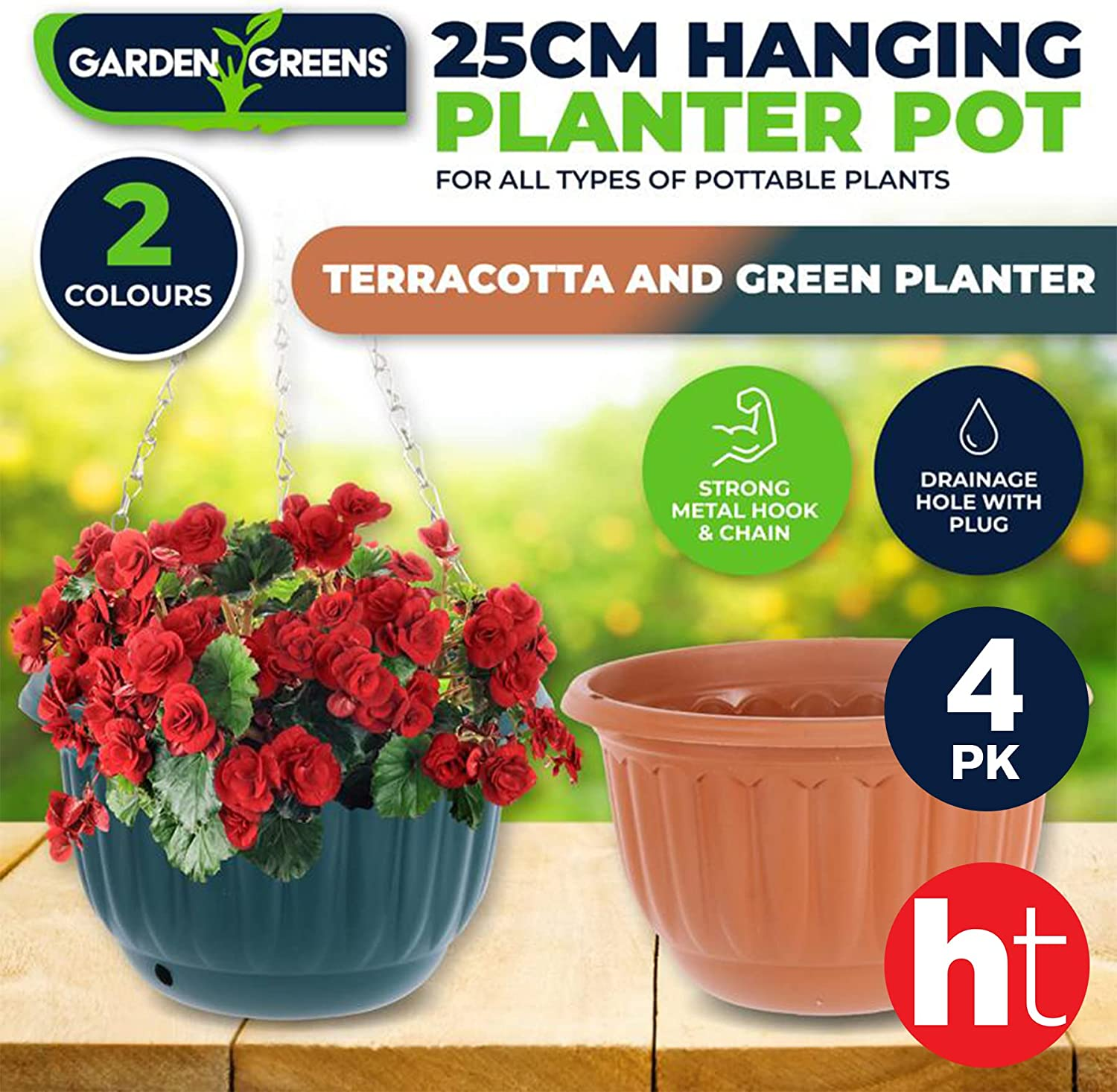 [4PCE] Garden Greens Hanging Planter Pots, Made from Premium Quality Plastic, Lightweight, Sturdy and Durable, Stylish and Economical, Strong Metal Hanging Hook, Sturdy Removable Metal Chain image number 1