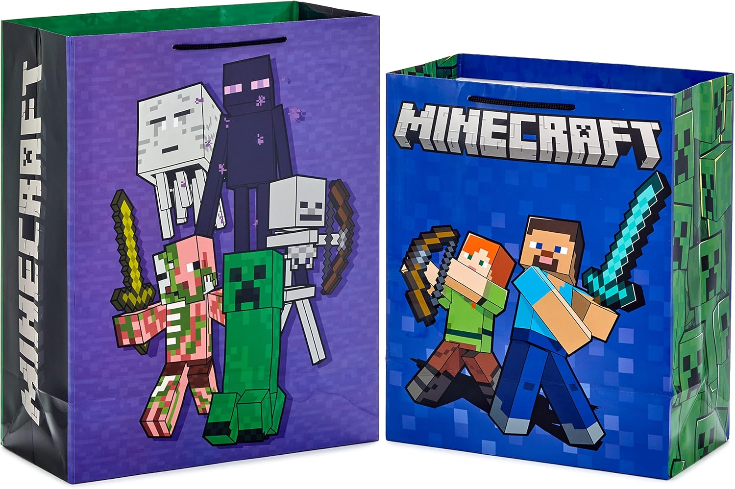 Hallmark Minecraft Gift Bag Bundle (2 Bags: 13" Large Blue Bag, 15" Extra Large Green) for Birthdays, Christmas, Valentine'S Day, Halloween, Kids Parties image number 3