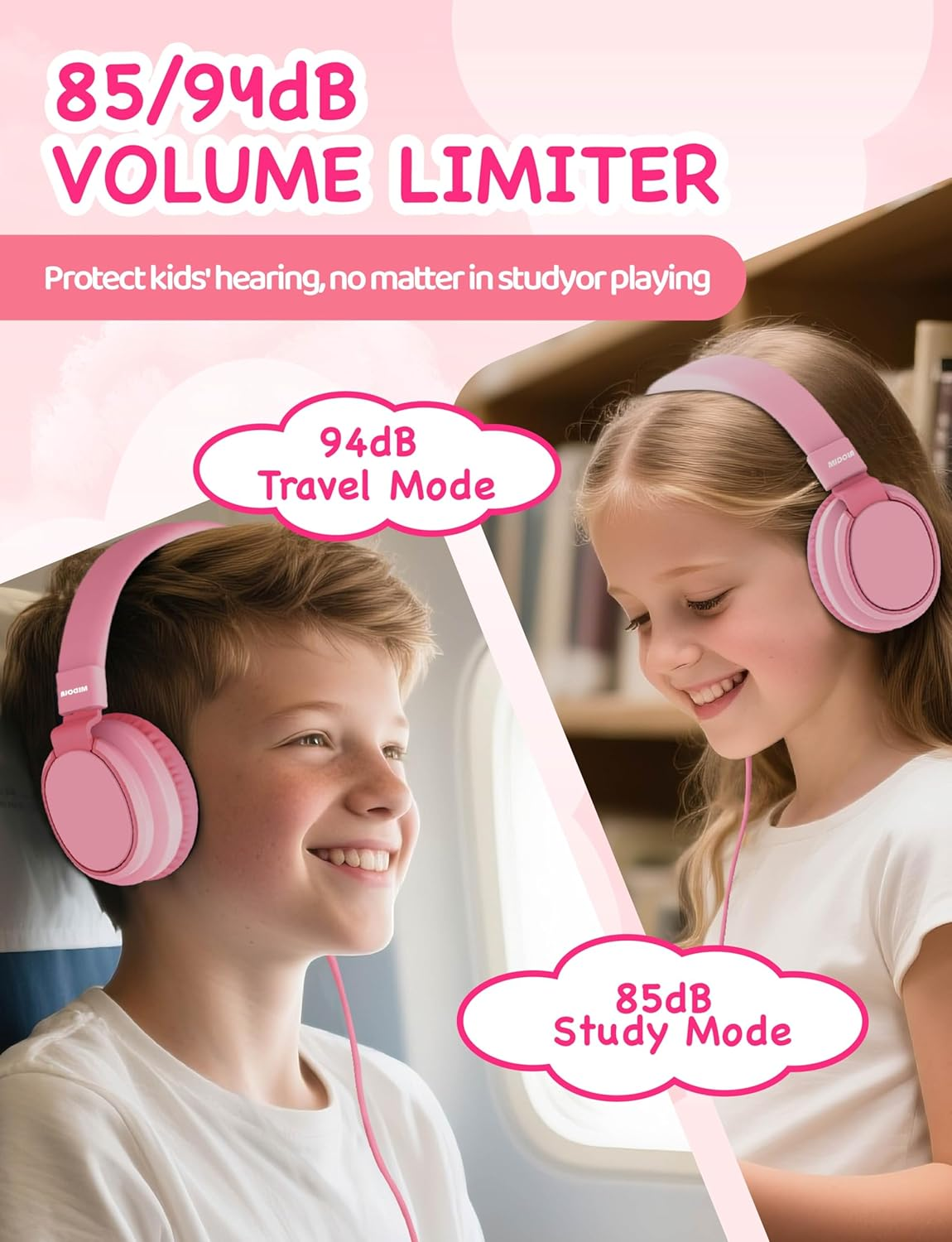 Midola Volume Limited 85/96Db Kids Headphone Over-Ear/On-Ear Foldable Sound Noise Protection Headset with Inline AUX 3.5Mm Cord W/Mic for Child School Cellphone Pad PC Notebook Pink - H01-Blue image number 3