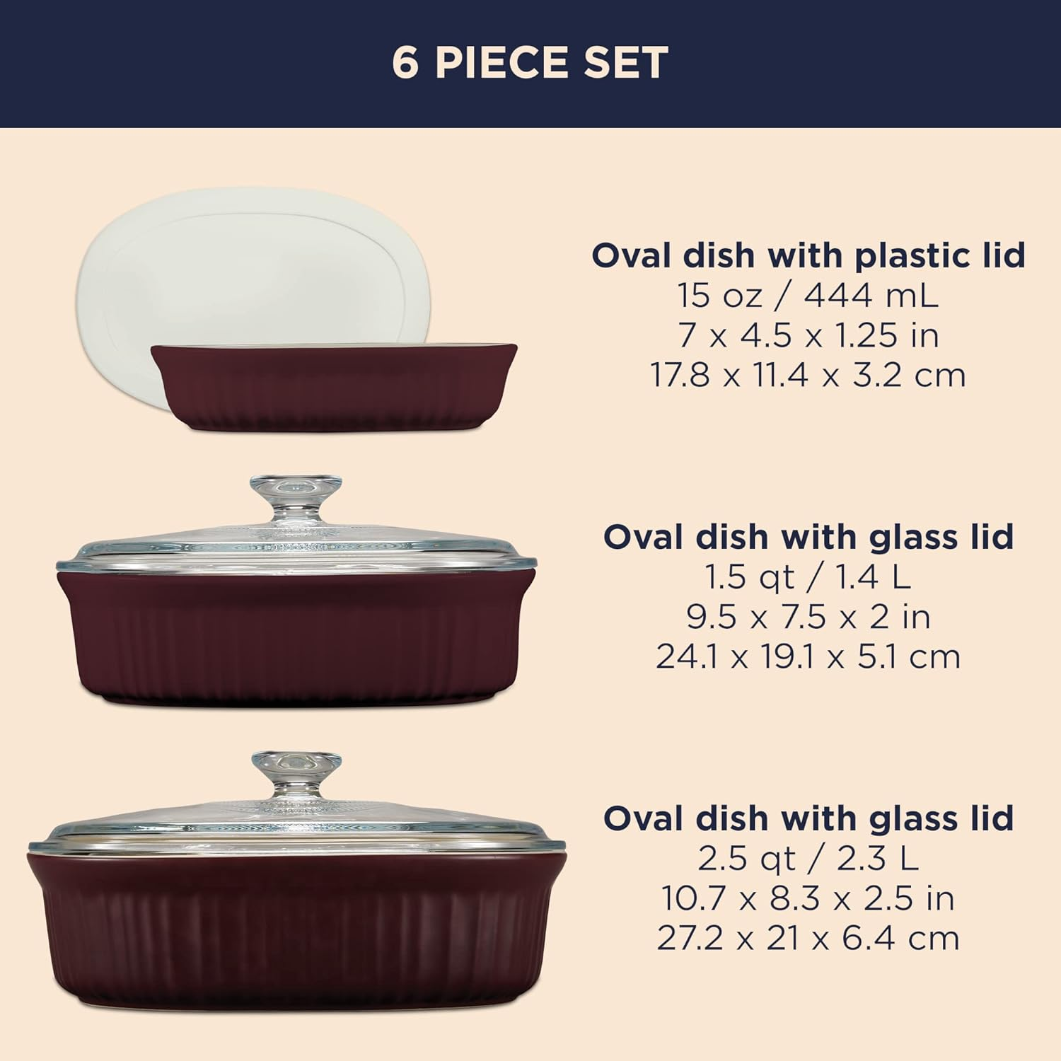 Corningware French White Bakeware 6-Piece Set, French Cabernet image number 5