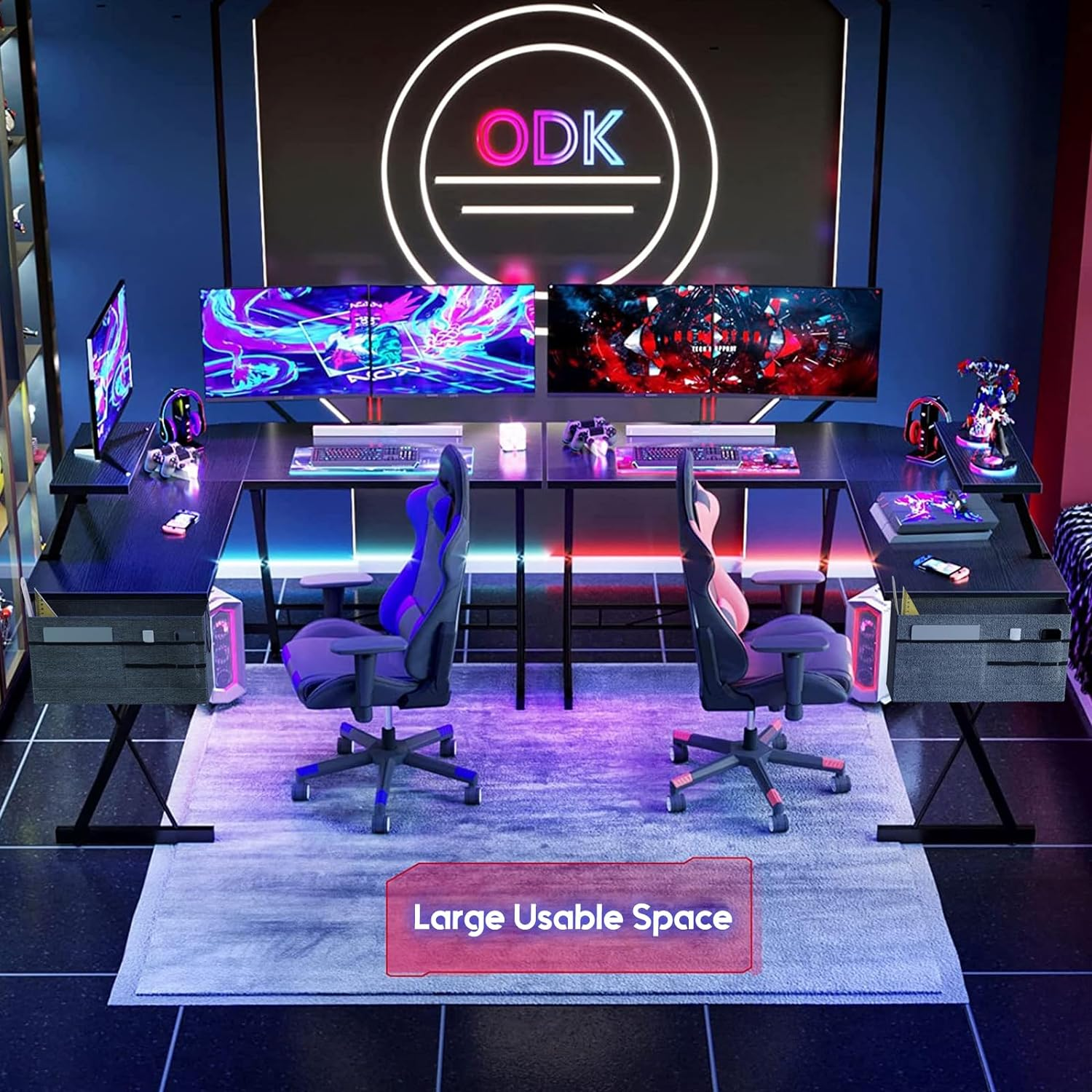 ODK Gaming Desk 127X127X77Cm, L Shaped Desk with Monitor Stand&Storage Bag, Metal Legs, Corner Gaming Table with Headphone Hook for Home Office Bedroom Study, Black image number 2