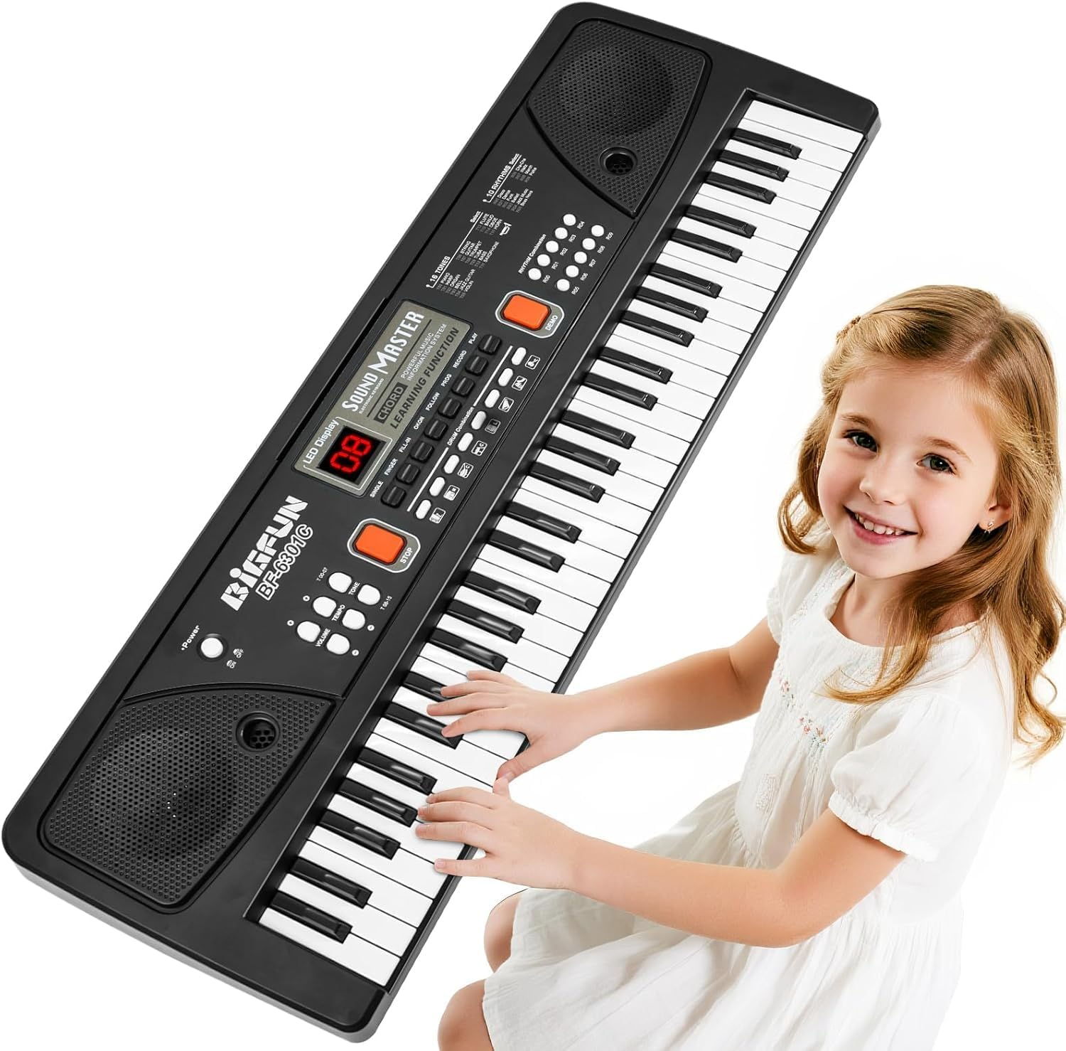 61-Key Kids Piano Keyboard for Beginners - Rechargeable Electronic Music Toy Piano with Music Stand Microphone LED Display AUX in - Birthday for 3-9 Year Old Boys Girls (Black) image number 5