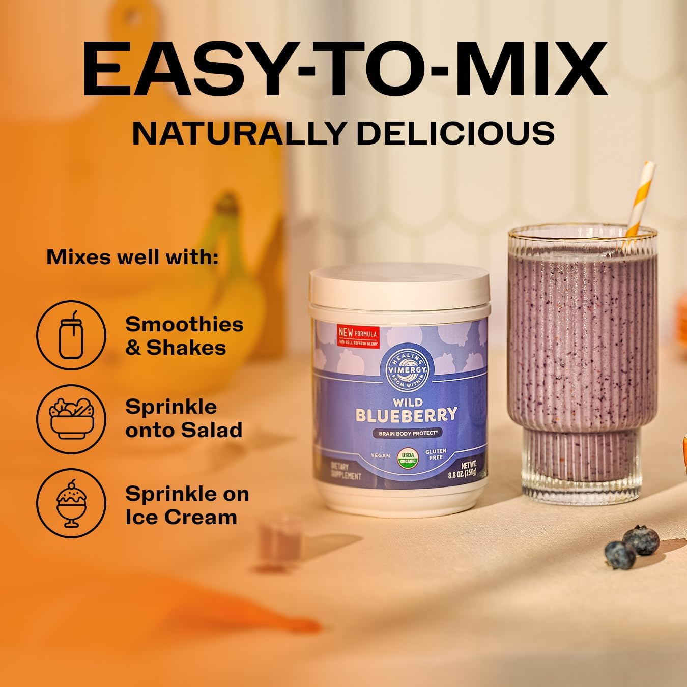 Vimergy USDA Organic Wild Blueberry Supplement Powder, 62 Servings &ndash; Natural Wild Blueberries - Fruit Powder for Smoothies, Juices, Fruit Bowls &ndash; Low-Bush, Non-Gmo, Gluten-Free, Vegan, Paleo (250G) image number 3