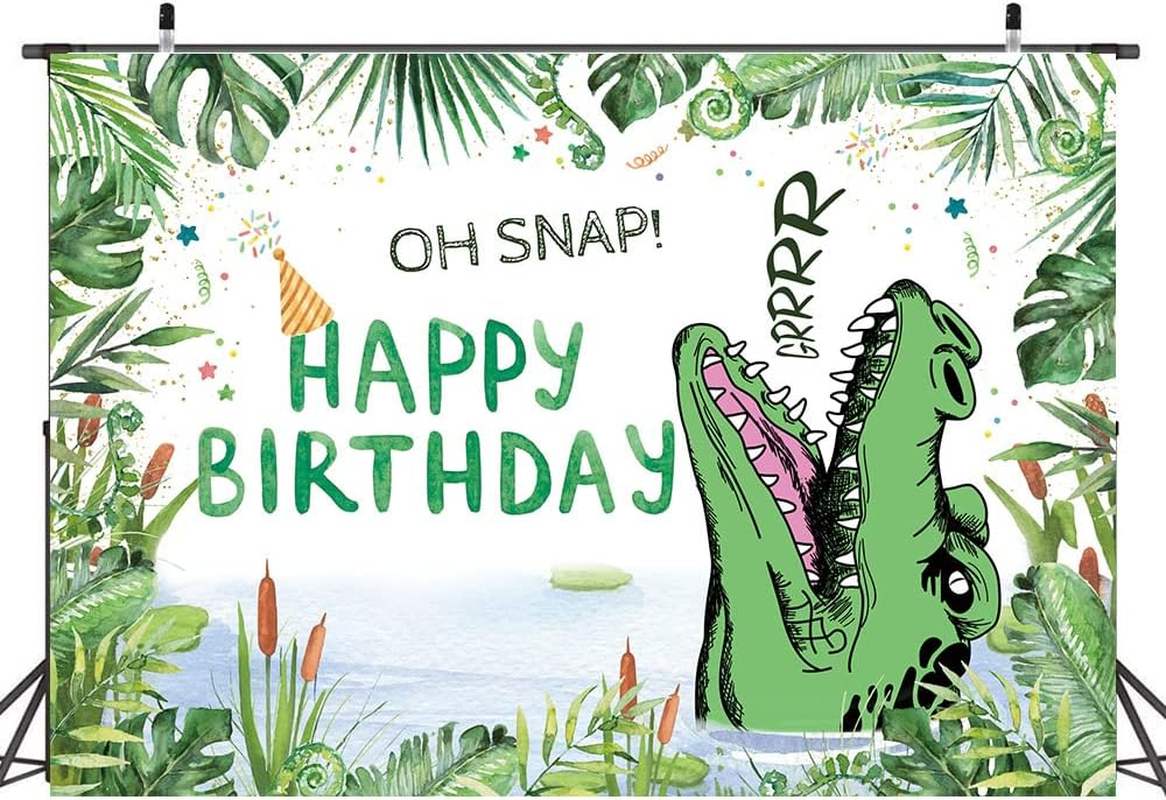 Hilioens 7&times;5Ft Crocodile Birthday Backdrop Cartoon Crocodile Kids Boys Birthday Party Decorations Green Leaf Oh Snap Background Banner Supplies image number 4