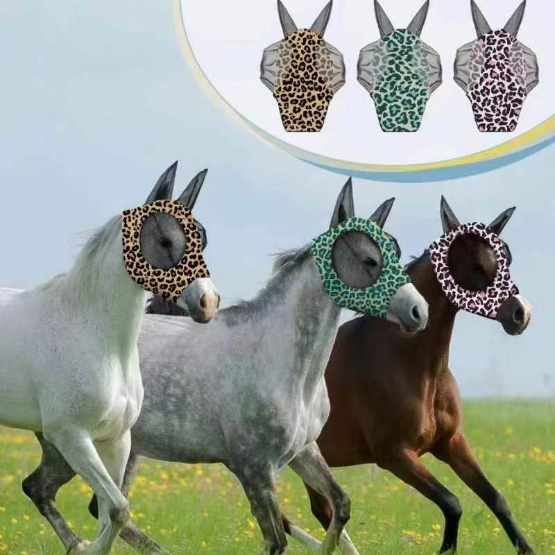 Stretchy Horse Fly Mask with Ears Comfort Fit Mesh Trail Pasture Sun UV Protection (Leopard Print, One Size)