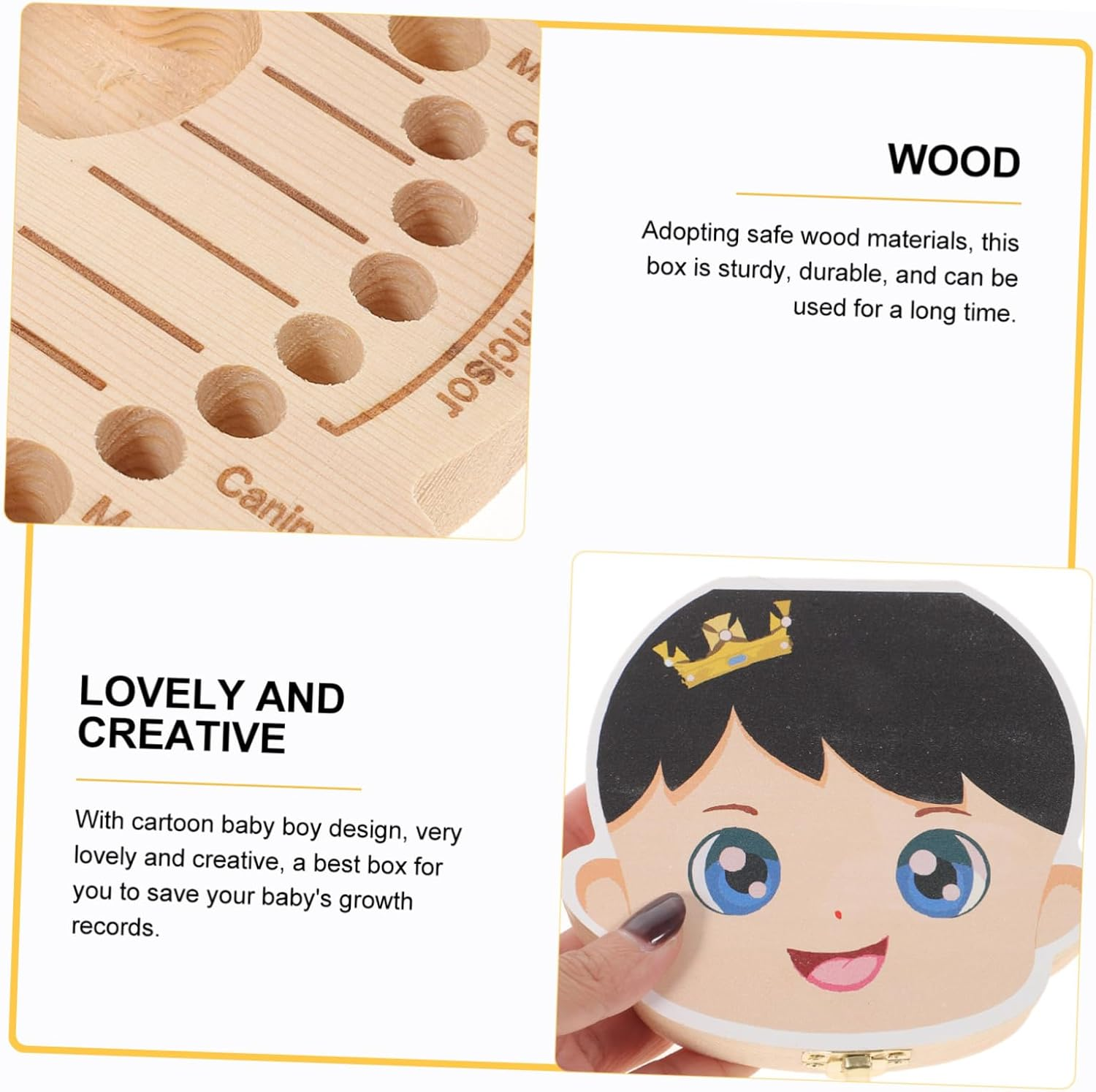 Deciduous Tooth Box Wooden Keepsake First Tooth Holder for Boys and Girls Cartoon Design image number 2