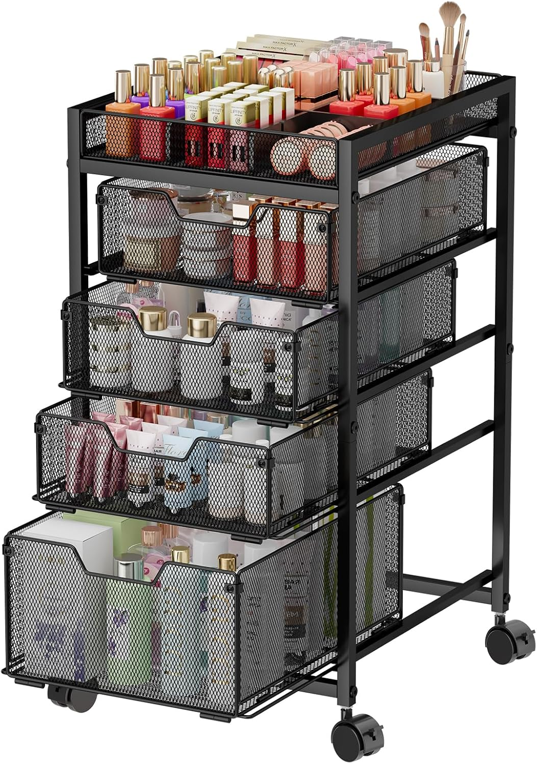 5-Tier Rolling Makeup Cart Organizer with 4 Drawers, Cosmetics Display with Dividers, Floor Skincare Storage with Wheels, Versatile Vanity Organizer for Nail Polish Perfume Brush Hair Tool, Black