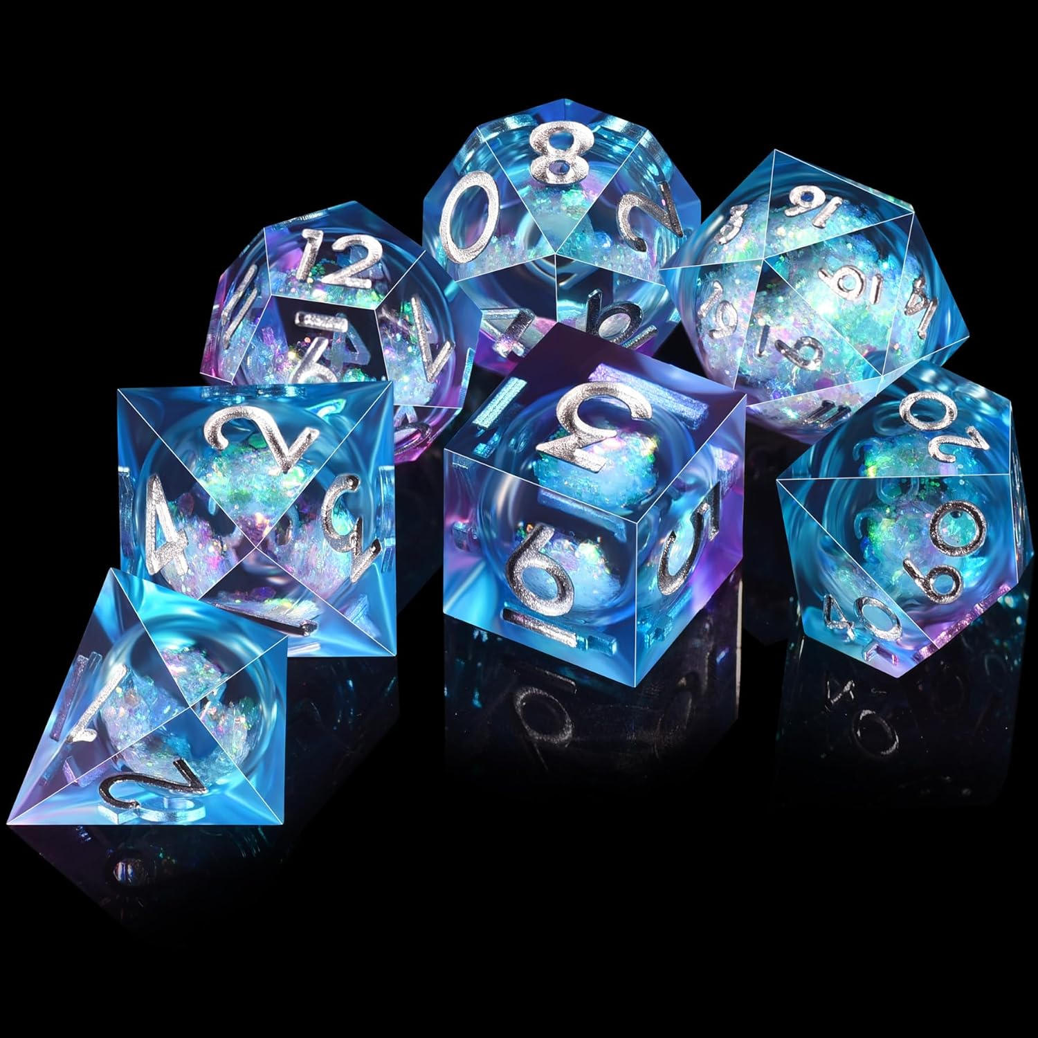 AUSTOR Liquid Core Resin DND Dice Sharp Edge Polyhedral Dice 7-Die DND Dice Set Quicksand Handmade Resin Dice for Dungeons and Dragons RPG MTG Table Games, Blue & Violet - Blue  Black image number 5