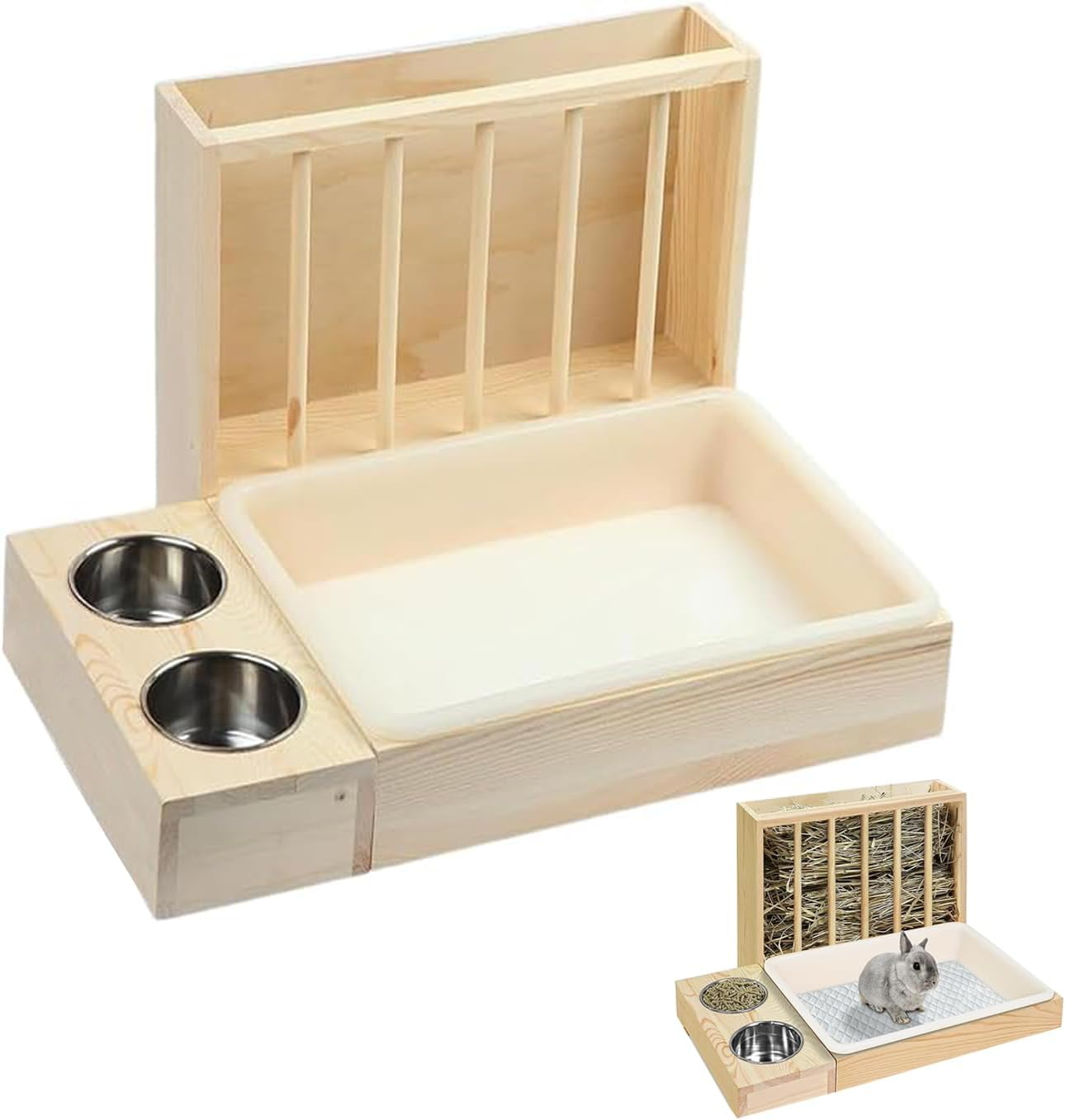 Lxcshljx 3 in 1 Rabbit Hay Feeder with Litter Box, Wooden Bunny Feeder Holder with Toilet and Bowls Combo, Small Animal Hay Rack Manger for Chinchillas, Hamster, Dwarf Rabbit, Guinea Pig, Ferrets