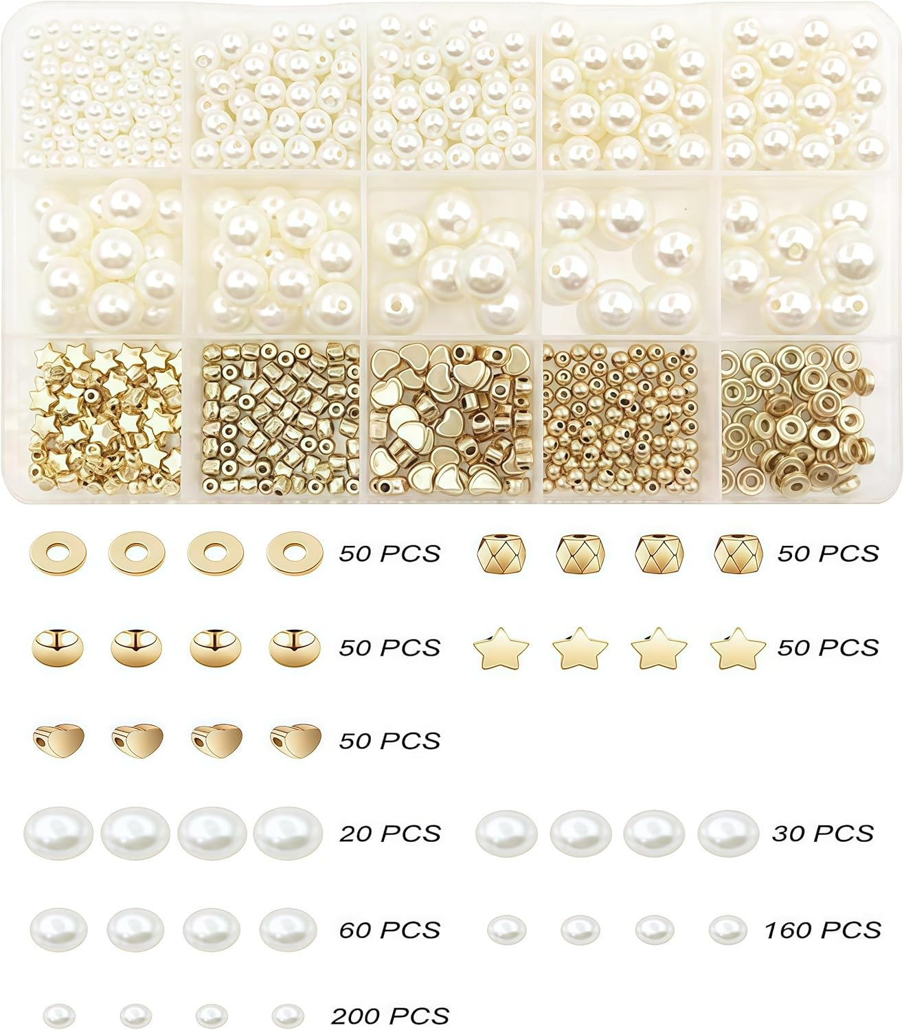 720 PCS Gold Plastic Bead Set: Round, Star, Heart, Spacer & Cylinder Oblate Shapes, 4Mm-12Mm Sizes, DIY Jewelry Making Kit with Bracelets & Pendants image number 2
