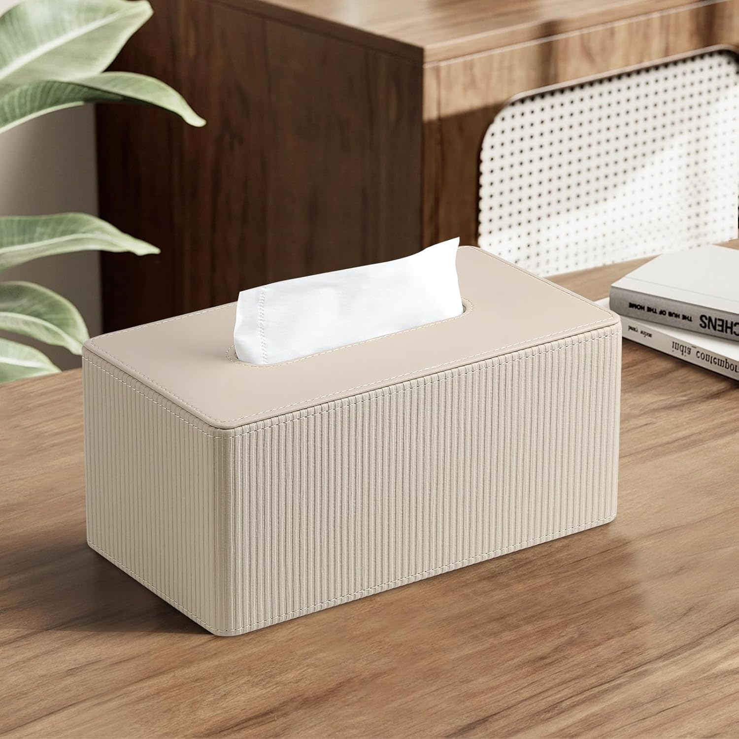 Cretkhp PU Leather Tissue Box Cover with Magnetic Closure, Modern Rectangular Tissue Box Holder Decorative for Bathroom Vanity Countertop Night Stands Bedroom Office (Beige Striped, Rectangular) image number 6