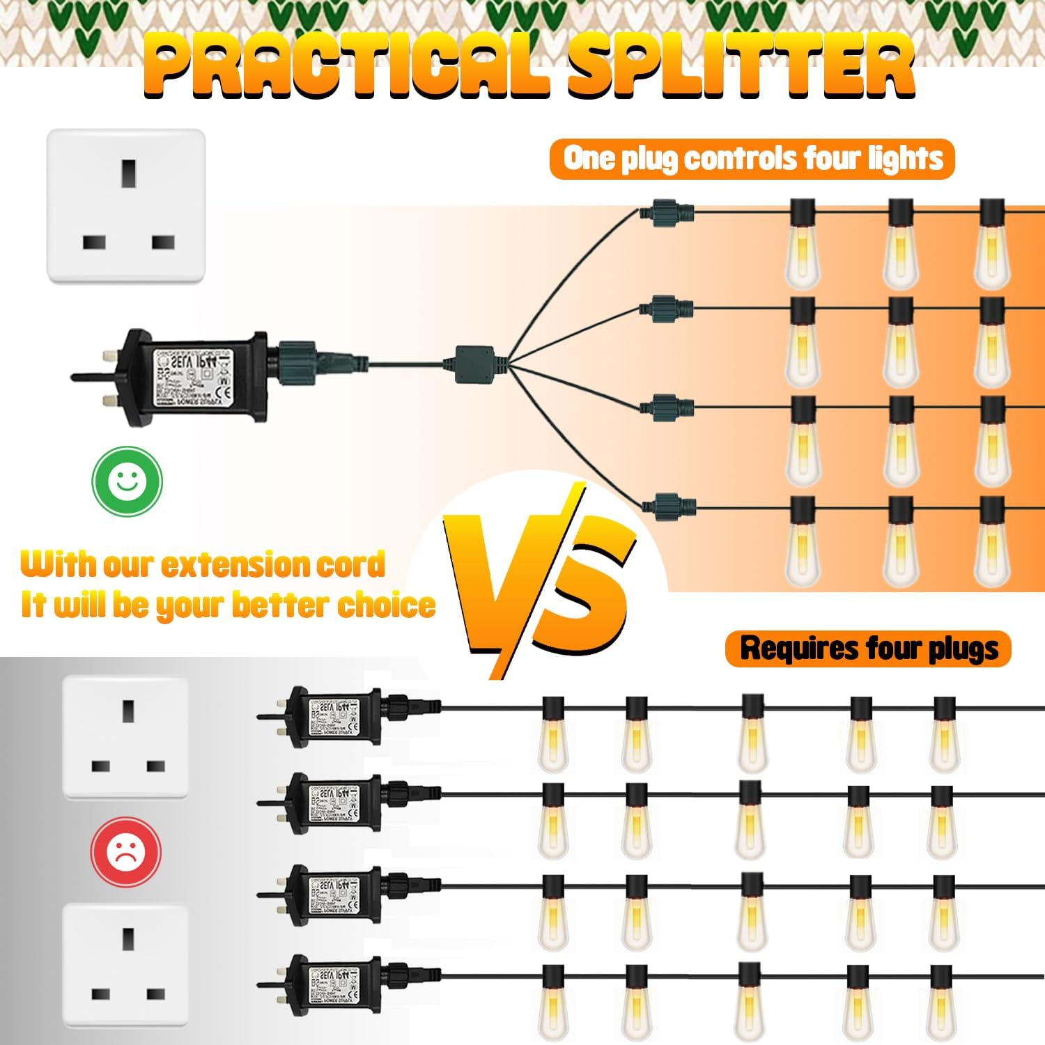 HUAREW Fairy Lights Extension Splitter 72 Inches, 2-Pin Fairy Lights Extension Cable IP44 Waterproof, for Indoor and Outdoor Lights, Fairy Lights, Icicle Lights (1 to 4)