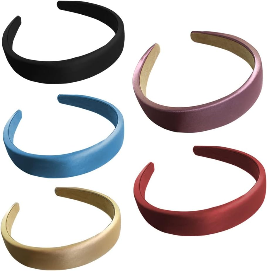 5 Piece Plain Satin Covering Turban Headband Fashion Hair Bands,Headwear Barrette Styling Tools Accessories with Solid Colors,Non Slip Hairband image number 3