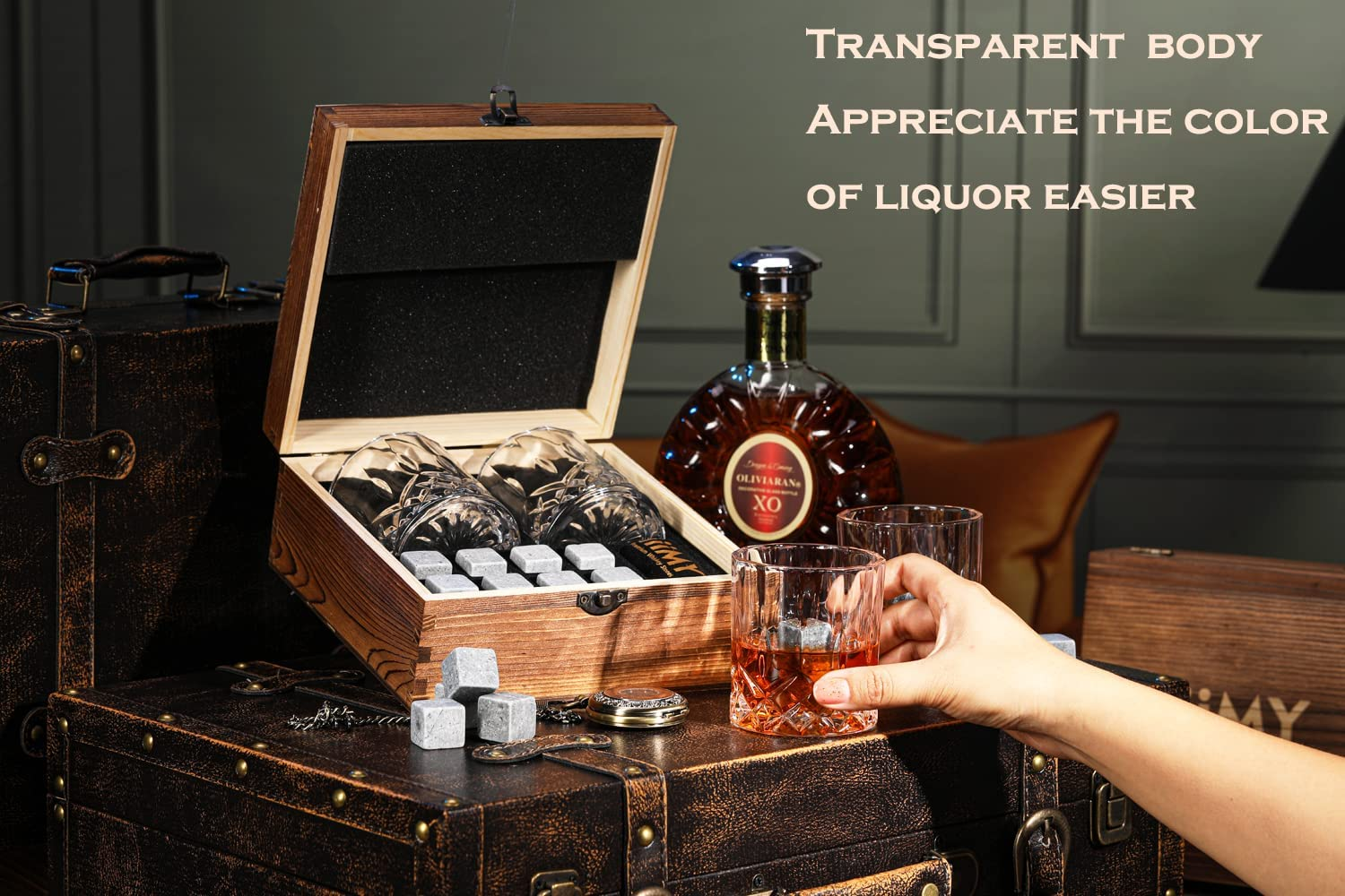 Whiskey Stones and Glasses Gift Set, 8 Whiskey Rocks Chilling Stones and 2 Whisky Glasses in Handmade Wooden Box&ndash; Cool Drinks without Dilution &ndash; Dad, Husband, Men Gift image number 1