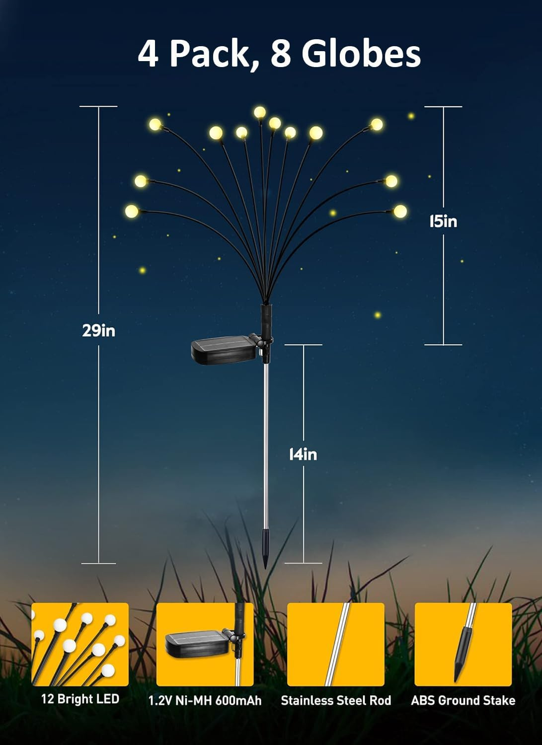 4Pcs Solar Garden Lights Outdoor, Solar Firefly Lights 32 LED New Upgraded Sway by Wind, Solar Outdoor Lights, Yard Patio Pathway Decoration, High Flexibility Iron Wire & Heavy Bulb Base, Warm White