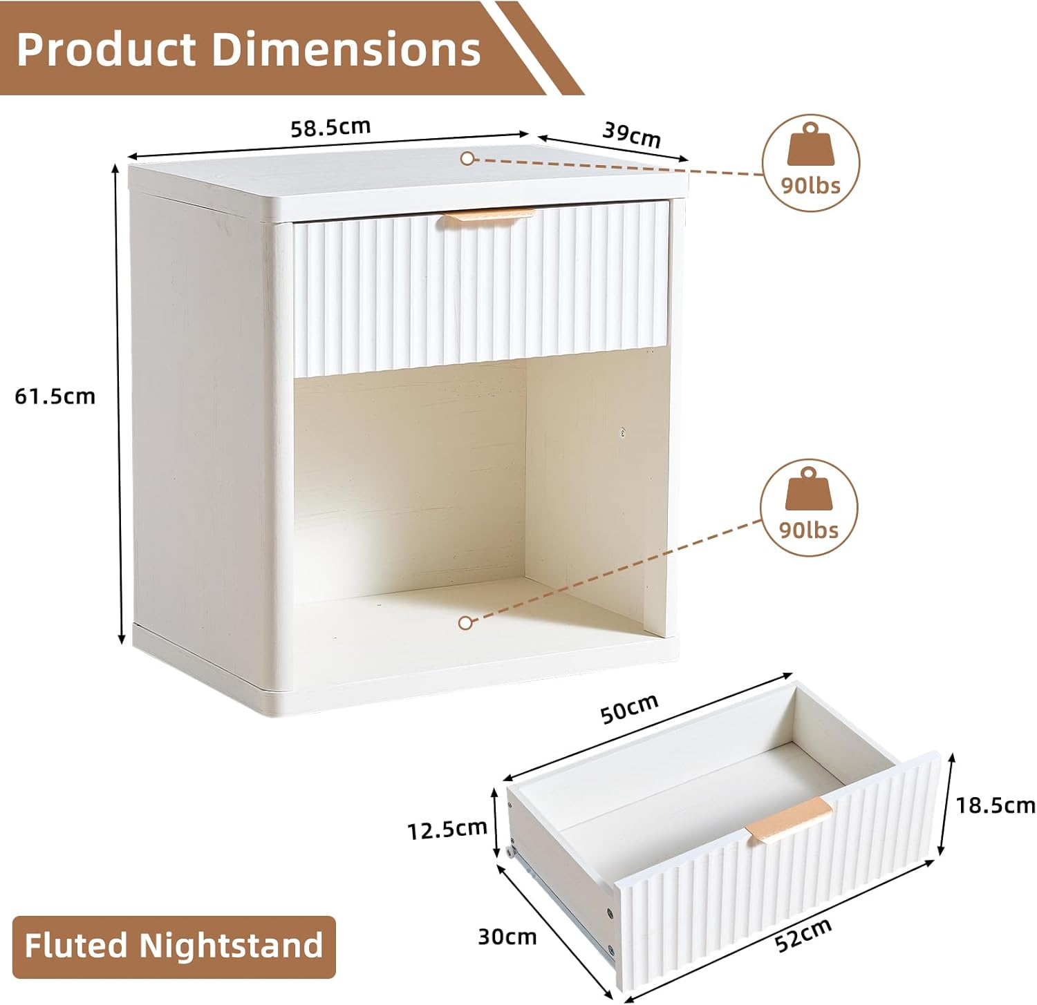 LELELINKY 58 X 39 Cm Fluted Bedside Table with 1 Drawer,Modern White Bed Side Tables Storage Chest of Drawers with Open Shelf,Wood Nightstand Cabinet with Metal Handles for Bedroom,Living Room image number 5