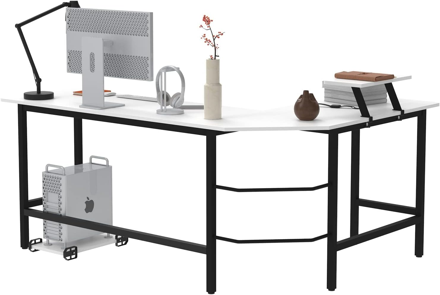 ADVWIN L Shaped Gaming Computer Desk 168Cm Wood Corner Desk with Tower Stand for Study Room Gaming Room Home Office Workstation White - Black, 130Cm image number 3