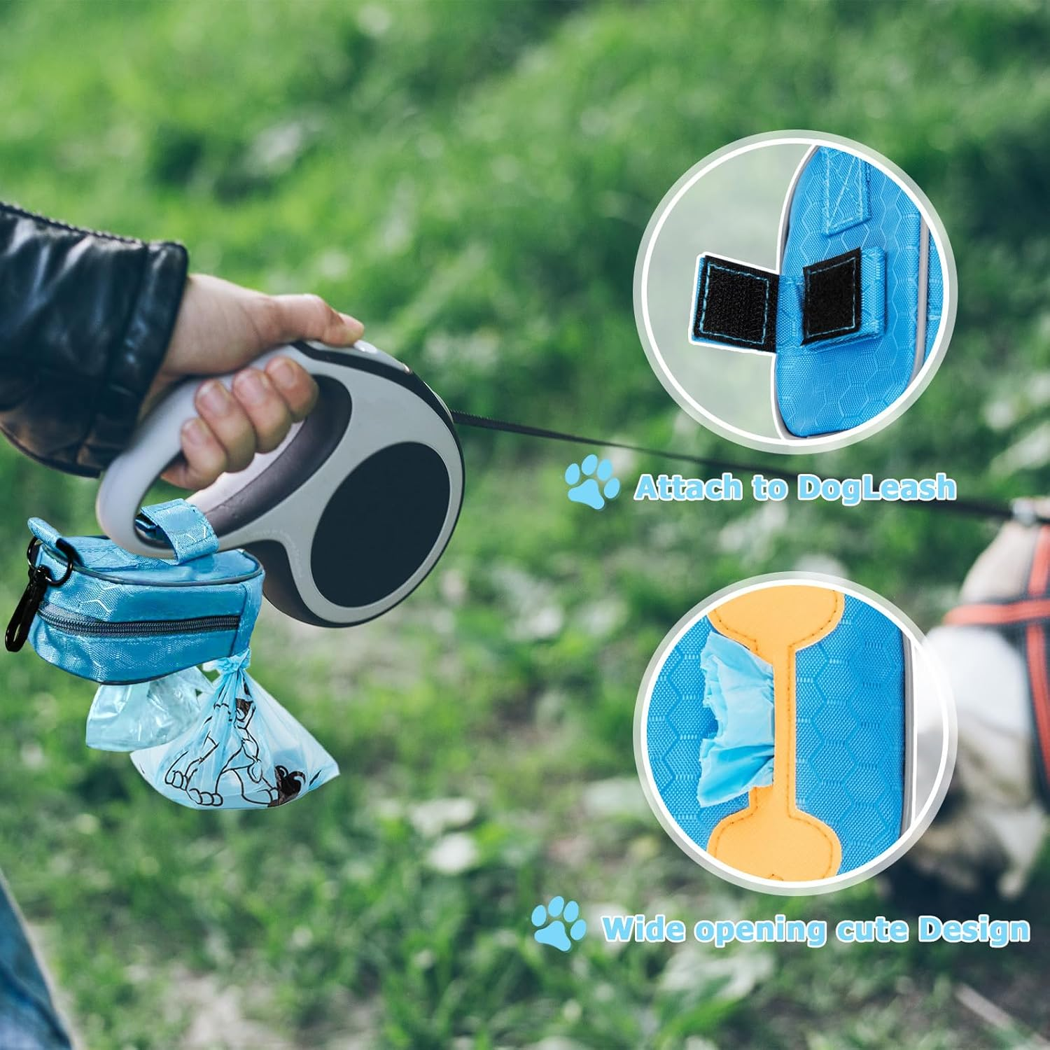 Dog Poop Bag Holder, Zipper Poop Bag with Cute Bone Pattern, Durable Washable Cloth Poop Bag Dispenser | Portable Dog Poo Bags Holder Leash for Walking, Travel & Biking