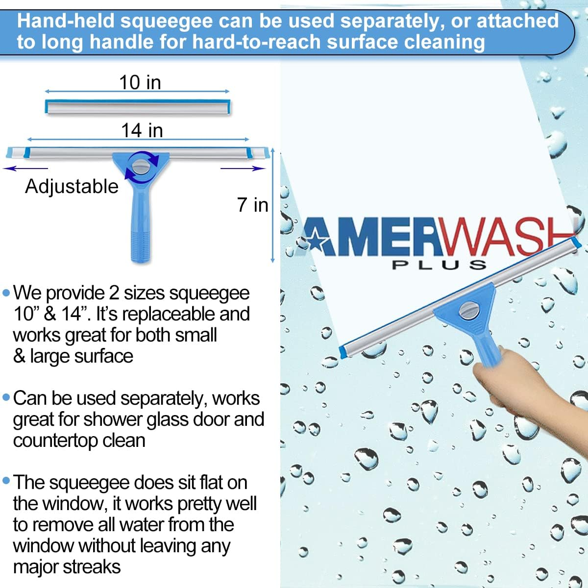 Window Squeegee Washing Kit for High Window, Shower Glass Door, Mirror Cleaning, with 69-Inch Extension Pole, Extra 14'' Wide Squeegee and 2 Microfiber Scrubbers Included image number 1