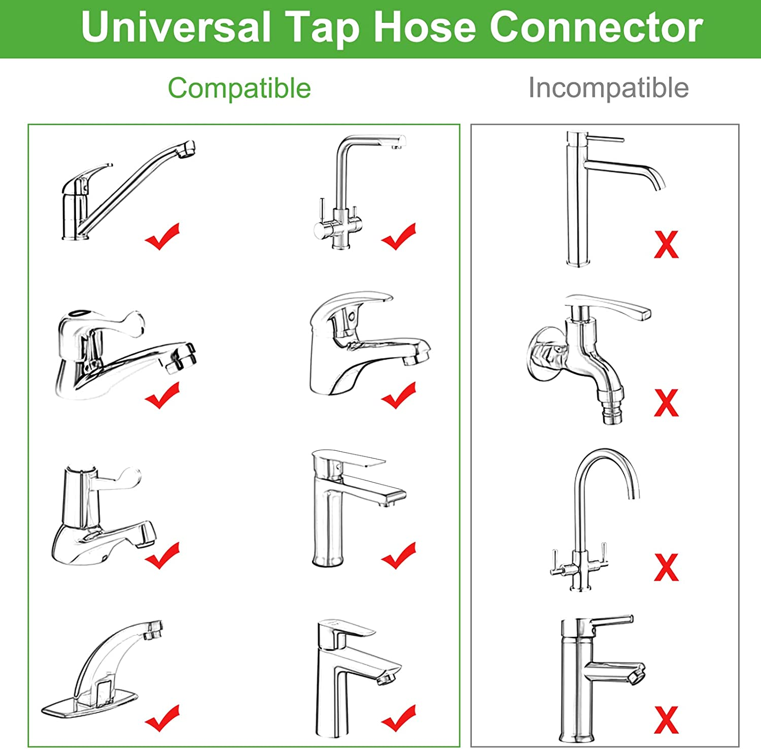 Mixer Tap Hose Connector, Kitchen Garden Tap Hose Pipe Snap Connector Adaptor Tool with Adjustable Washers, Indoor Outdoor Fitting Kitchen Bath Mixer Taps Garden Hoses Pipe Connectors Adapter image number 1
