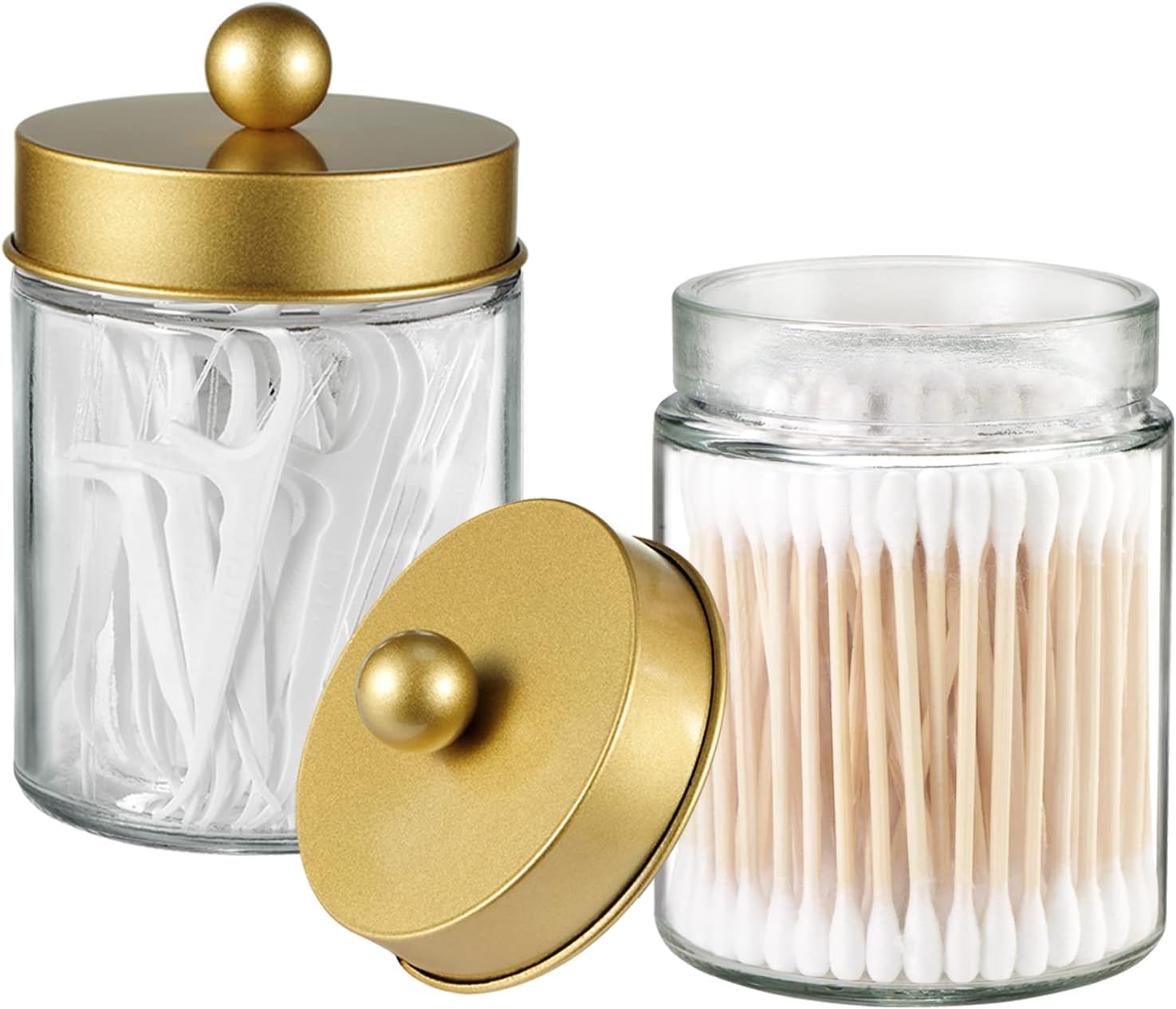 Komashr Apothecary Jar Canisters Bathroom Vanity Organizer - Qtip Holder Storage Organizer Countertop -Stainless Steel Lids &Cute Stickers for Qtips,Cotton Swabs,Makeup Sponges,Floss(3 Pack) (Gold) - Bronze image number 6