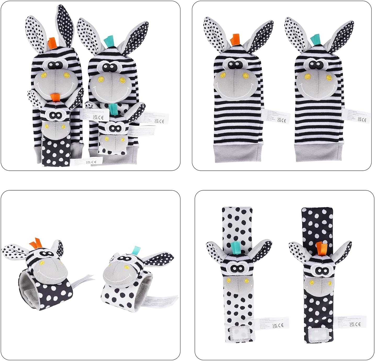 Baby Rattle Socks Wrist Strap Rattles Set, Cute Baby Animal Development Toy Gift for Newborn Babies, Black and White Foot Finder Sensory Set image number 3