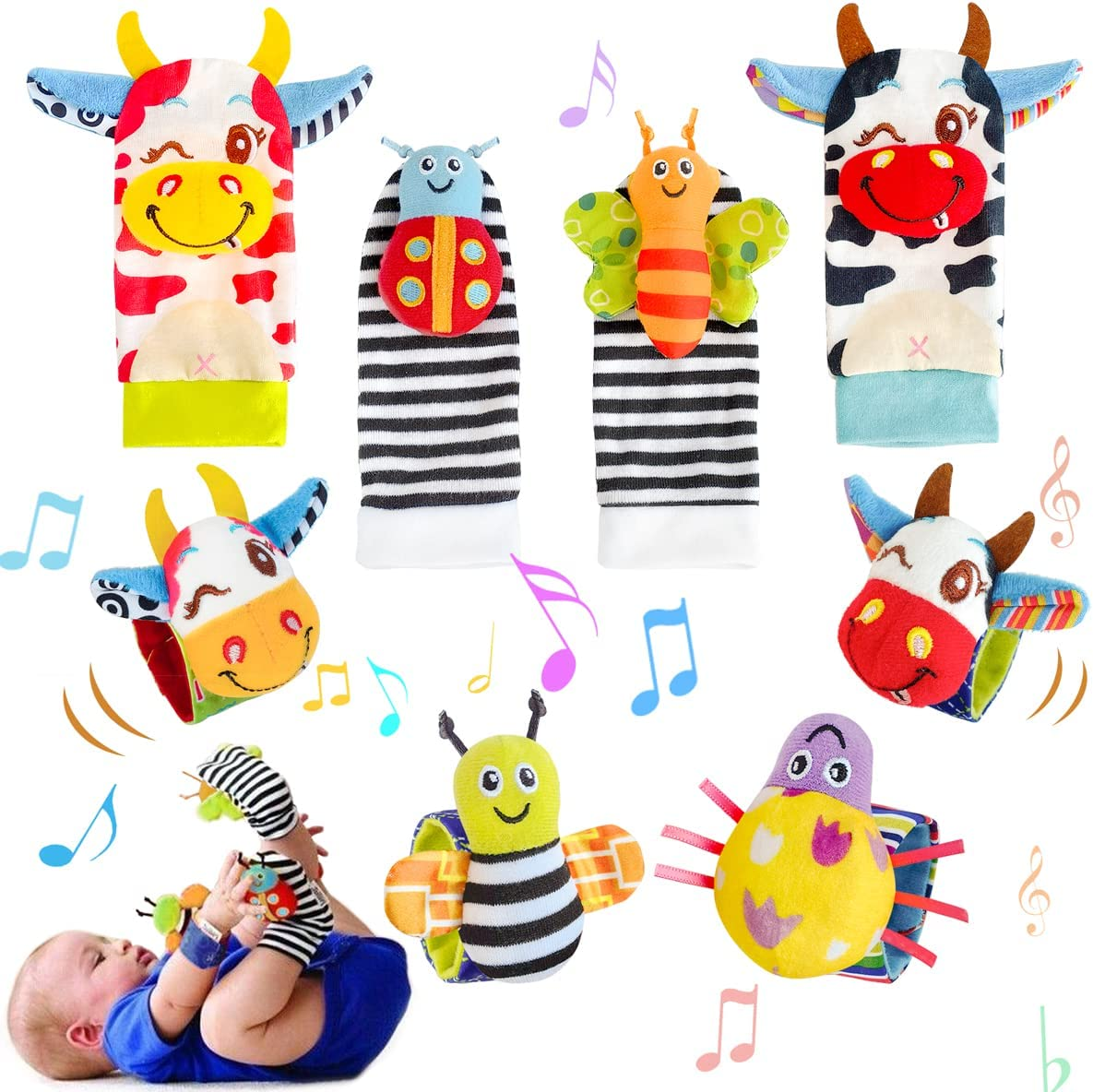 8Pcs Baby Wrist Rattle Foot Finder Socks Infant Developmental Sensory Learning Toys from 0-3-6 Months Old-Cute Garden Bug Edition 8 Items Piece Set Christmas Gifts for Kids image number 1