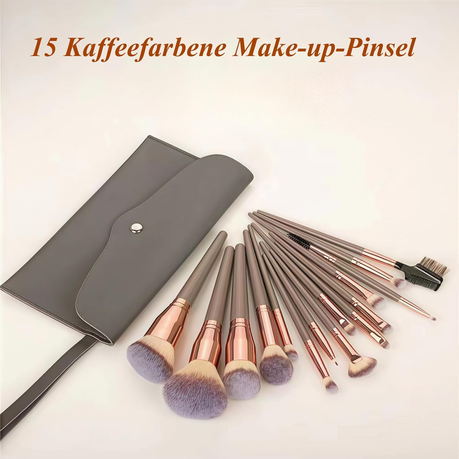 TANSAR 15 Pieces Makeup Brush Set, Professional Makeup Brush Set in Coffee Brown, Makeup Brush Set with Leather Bag, Travel Size for Highlights and Contours image number 5