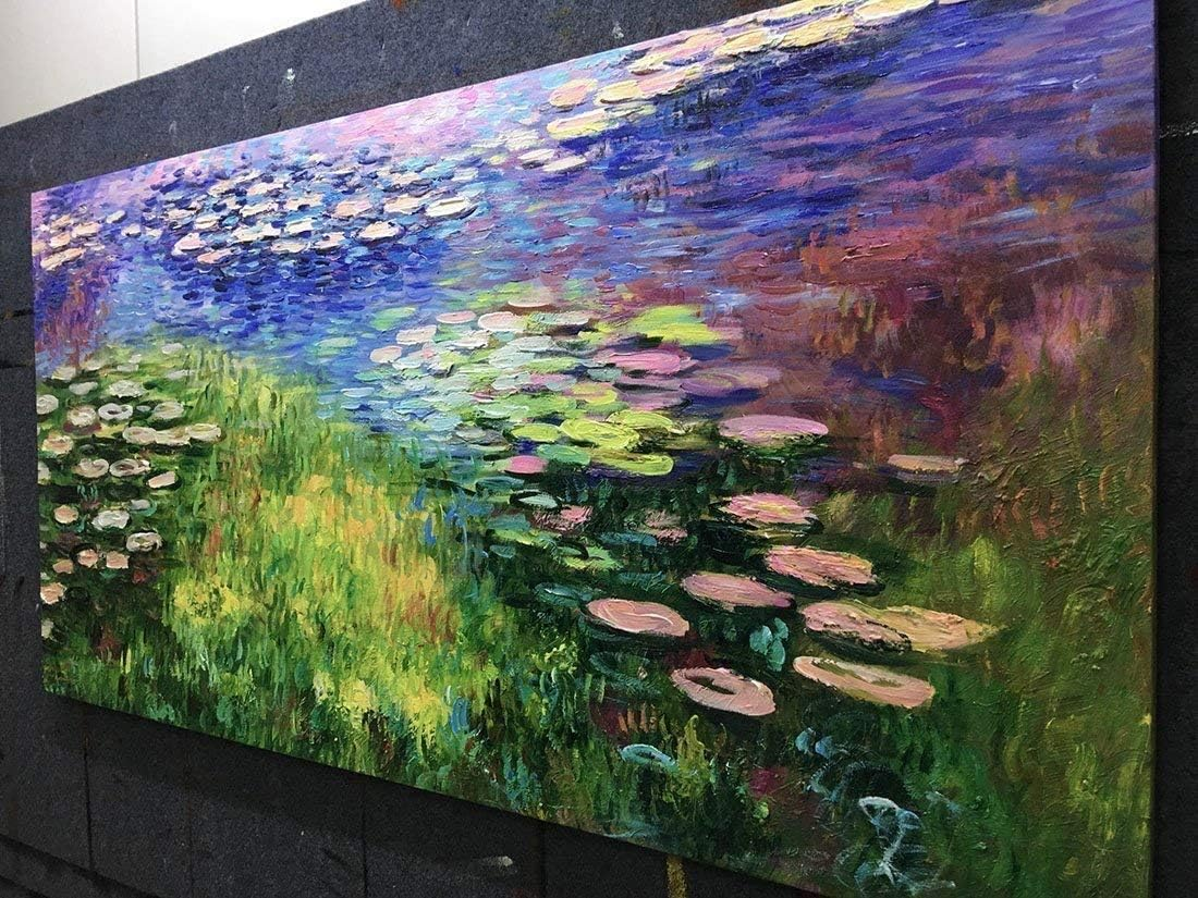 Framed Oil Painting,Hand Painted Modern Abstract Textured Big Wall Paintings,Can Be Hung Home Decoration Large Canvas Wall Art,Monet Style Water Lily Replica (80 X 40 Cm) image number 6