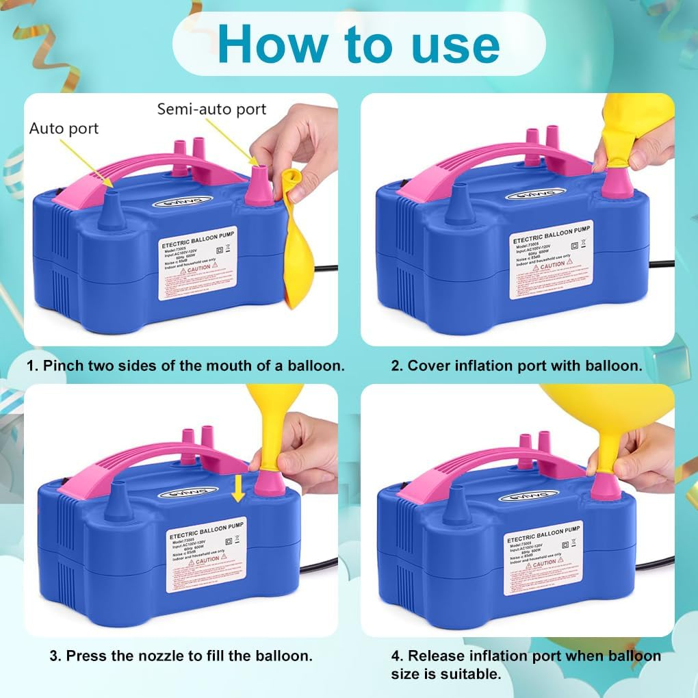 Vivva Balloon Pump Electric,600W Balloon Blower Inflator Dual Nozzle Air Pump with 2 Balloon Tying Tools,Balloons Inflator for Party Decoration (Blue)