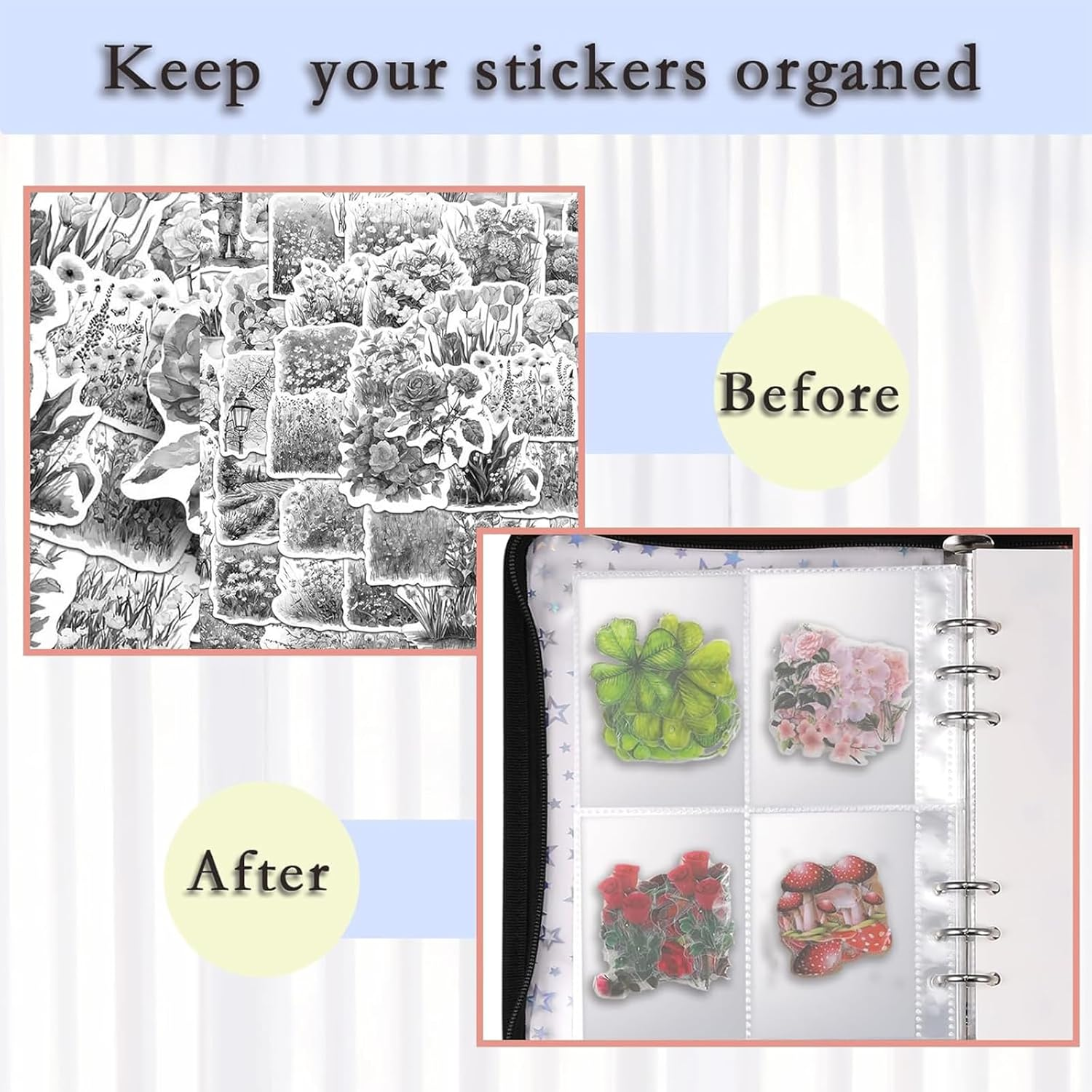 Transparent Zipper Sticker Storage Organizer Binder Album, 90 Pockets for Jewelry, Scrapbook & Collecting Stickers (Pink) - Blue image number 2