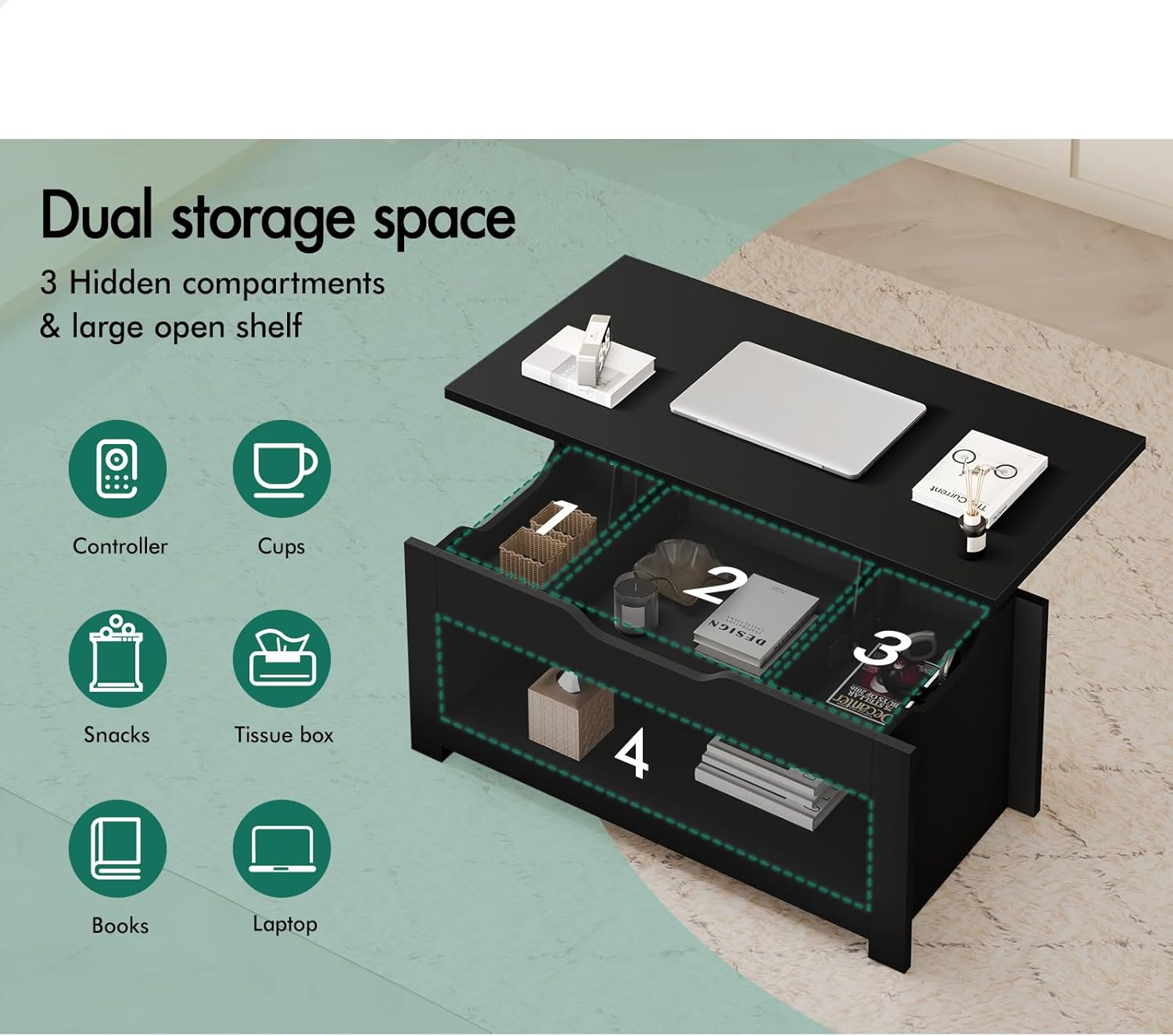 ALFORDSON Multifunctional Lift-Top Coffee Center Table Black Color, Dining Table for Living Room, Office, Reception & Dining, Featuring Rising Tabletop Surface, Hidden Compartment & Open Shelf - Black image number 6