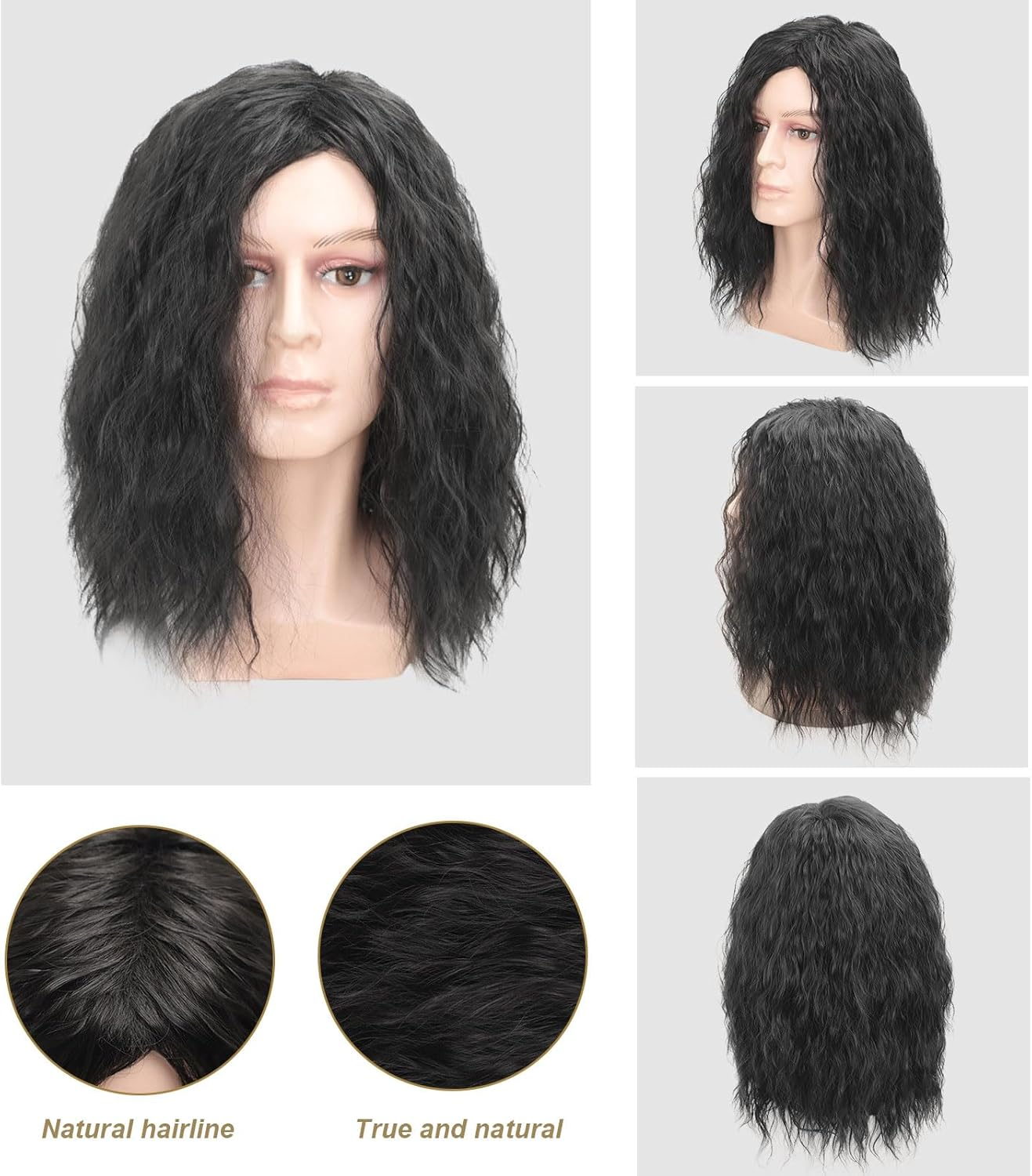 TSHAOUN Mens Long Black Wig, 16Inch Mid Length Mens Curly Hair Wig for Adults, 70S 80S Fancy Dress Party Wigs for Costume Cosplay Halloween (Black) image number 3